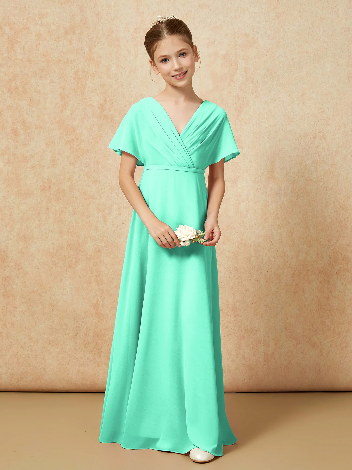 A-Line Flutter Sleeves Chiffon Junior Bridesmaid Dresses Turquoise - Image 4