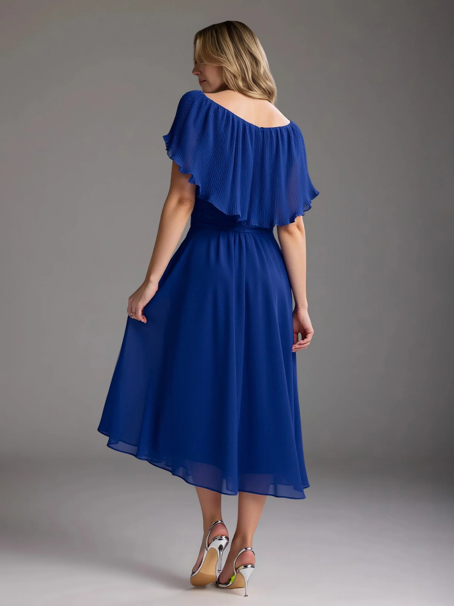 A-Line Flutter Sleeves Chiffon Tea-Length Dress Dark Green - Image 2
