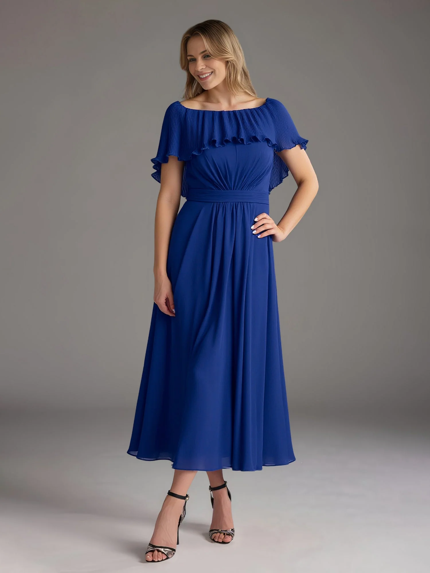 A-Line Flutter Sleeves Chiffon Tea-Length Dress Regency