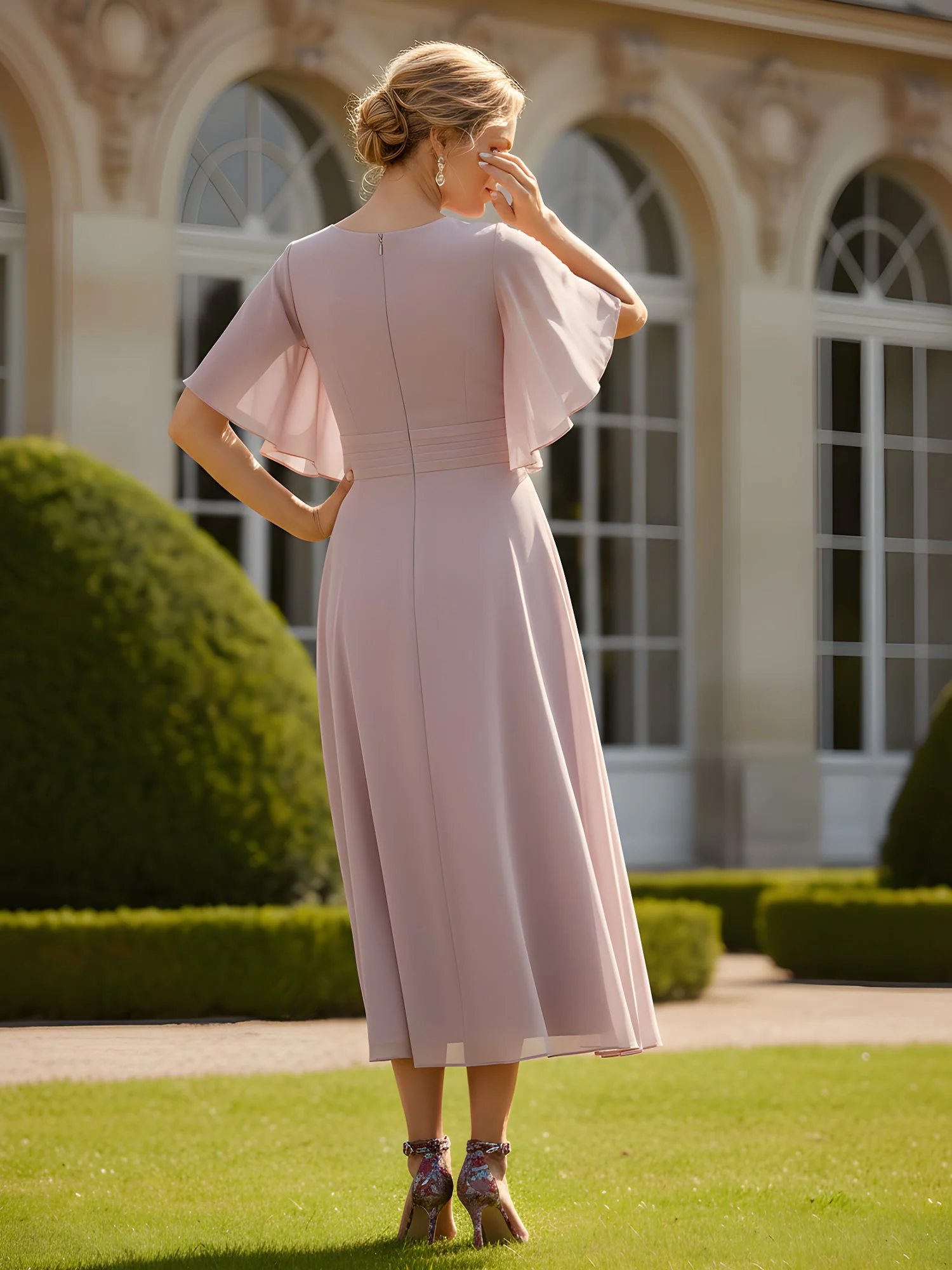 A-Line Flutter Sleeves V-neck Tea-Length Chiffon Dress Taupe - Image 2