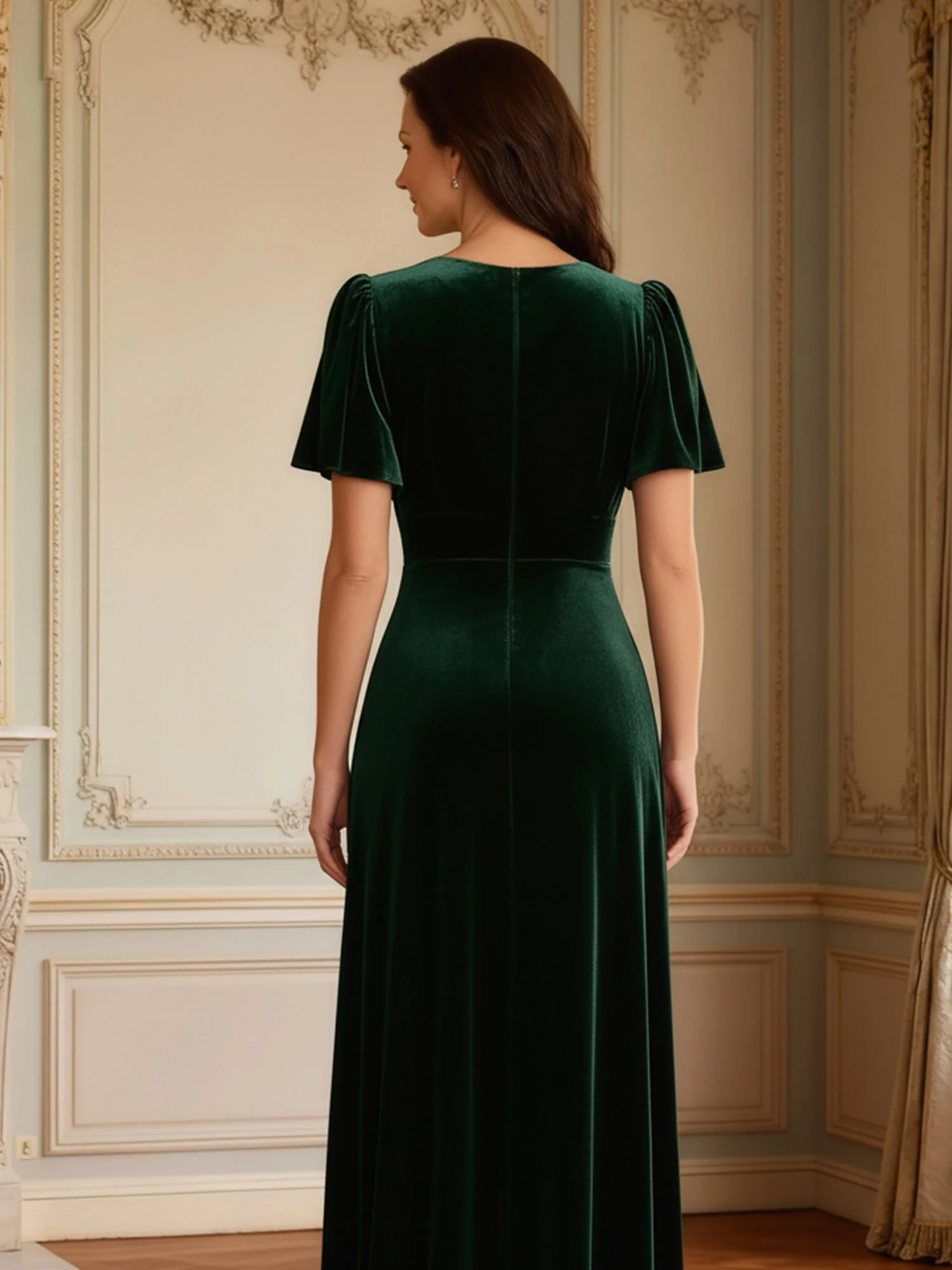 A-Line Flutter Sleeves V-neck Velvet Floor-length Dress Dusty Rose - Image 2