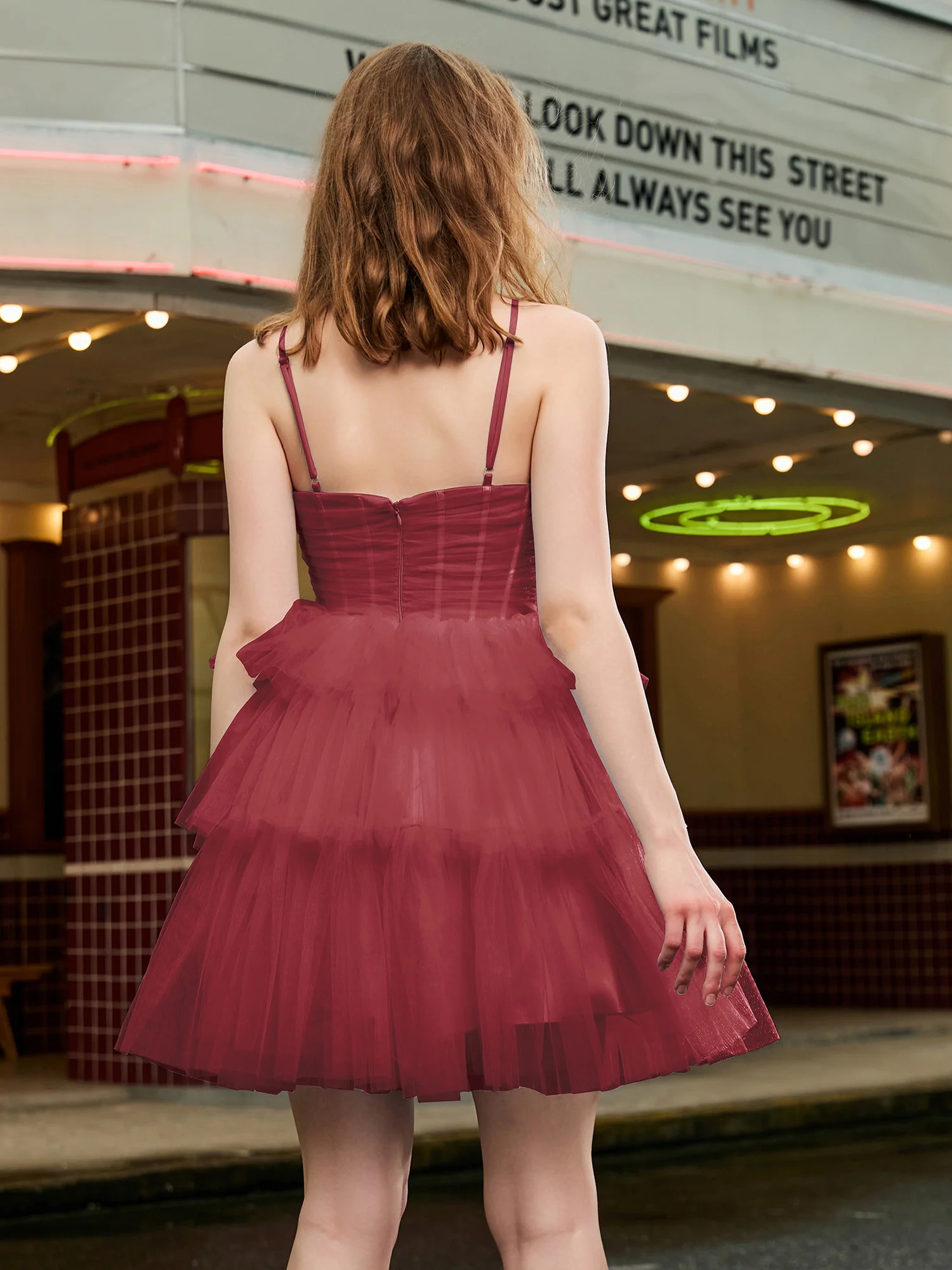 A-line Halter Tulle Tiered Short Dress Cinnamon Rose - Image 5