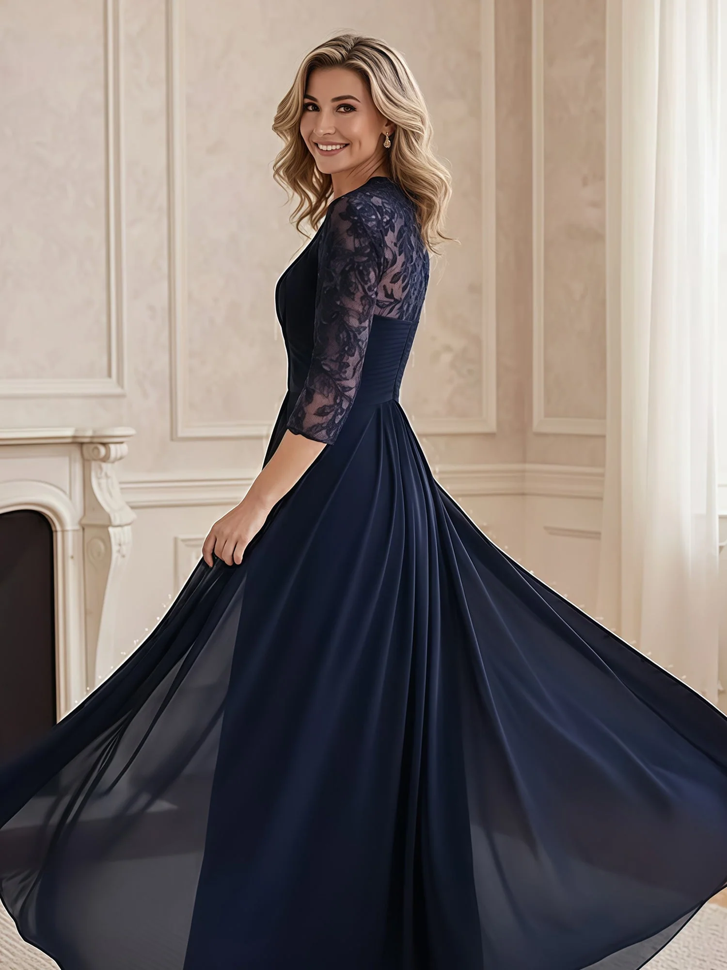 A-Line Lace Sleeves V-neck Chiffon Long Dress Dusty Blue - Image 2