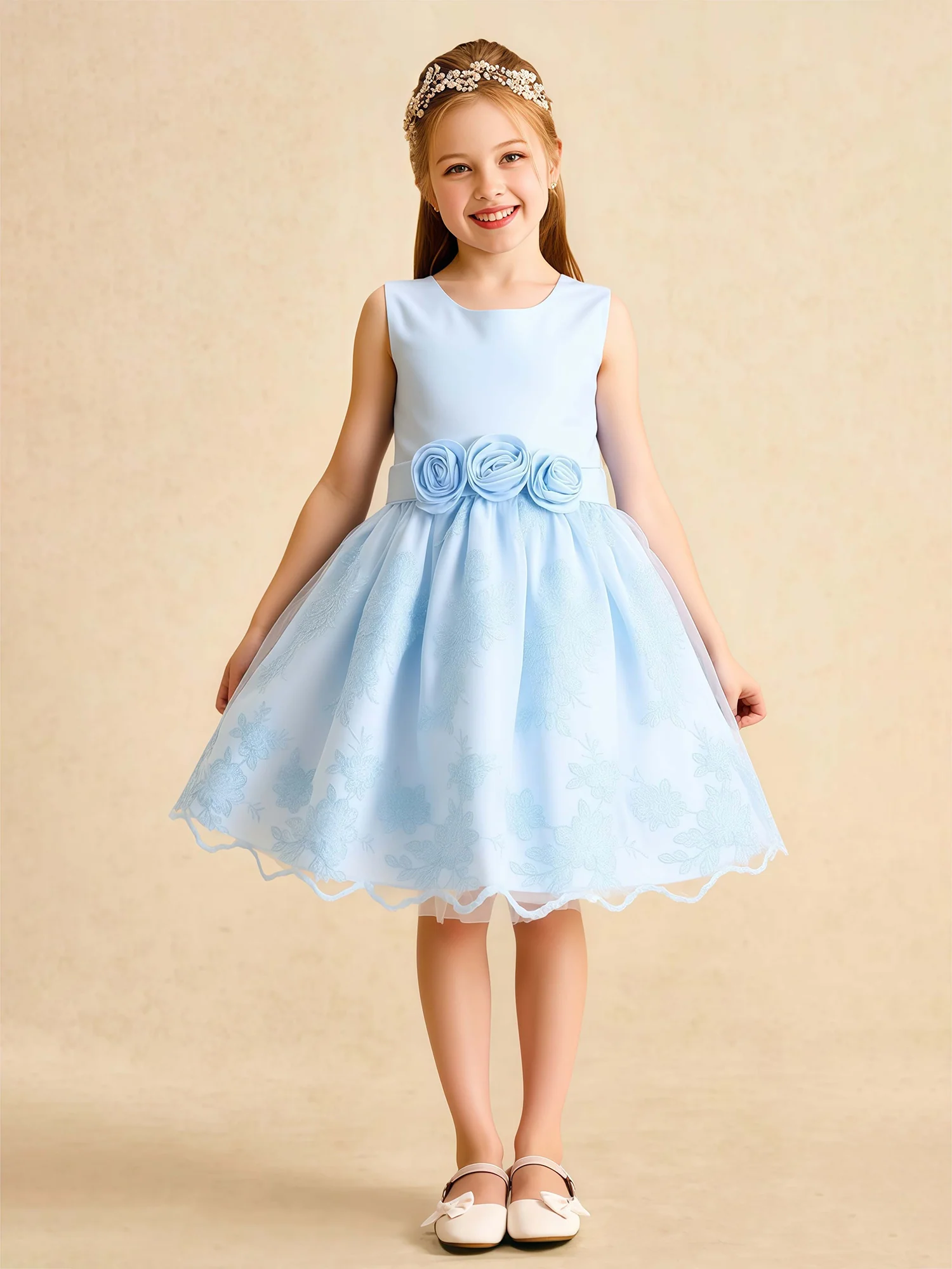 A-Line Lace Tulle Flower Girl Dress With Flowers Sky Blue