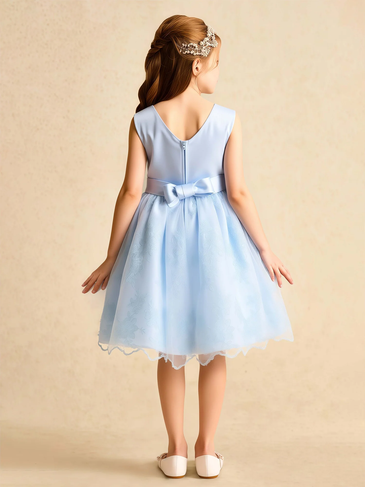 A-Line Lace Tulle Flower Girl Dress With Flowers Sky Blue - Image 2