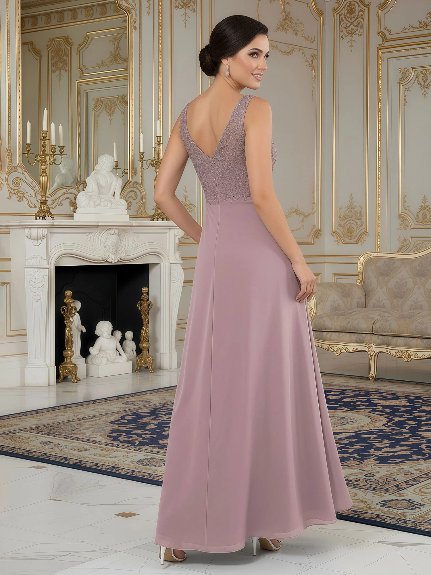 A-Line Lace V-neck Chiffon Asymmetrical Dress Dusk - Image 2