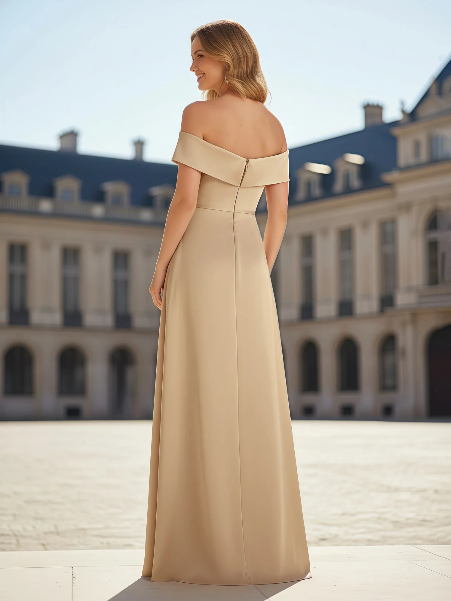 A-Line Pleated Off-the-shoulder Long Dress With Slit Champagne Mist - Image 2