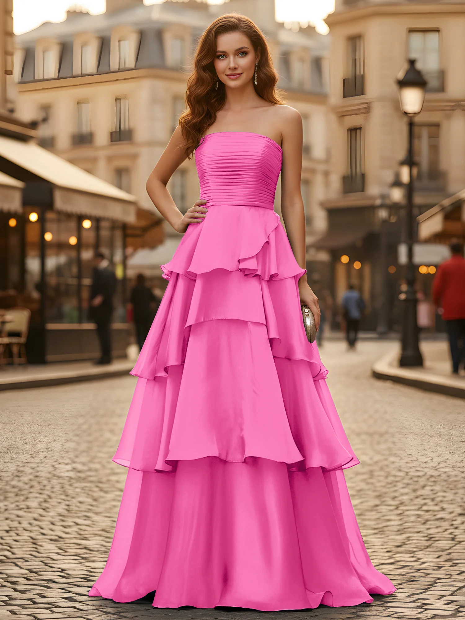 A-line Pleated Strapless Tiered Long Dress Azalea