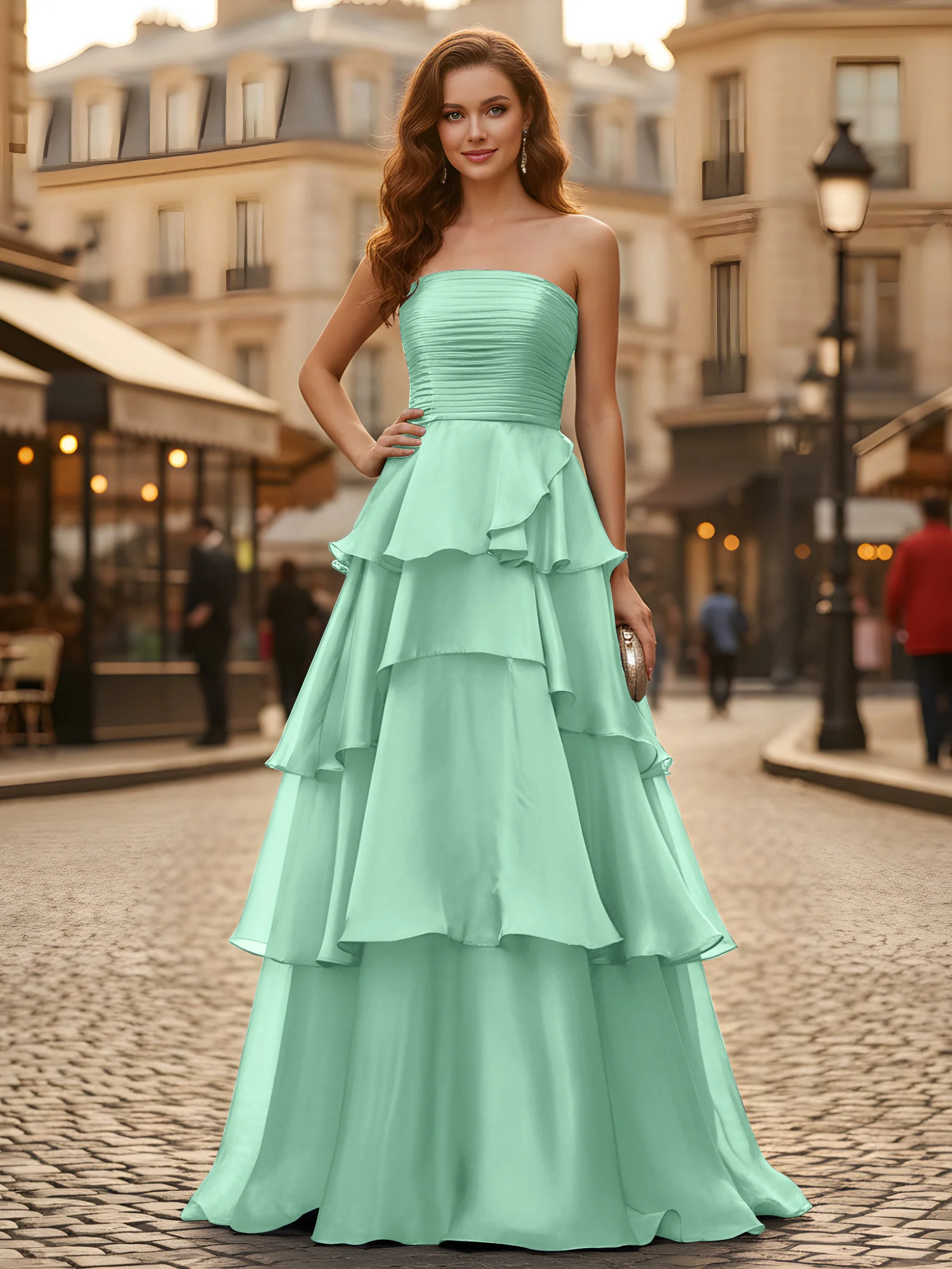 A-line Pleated Strapless Tiered Long Dress Mint Green