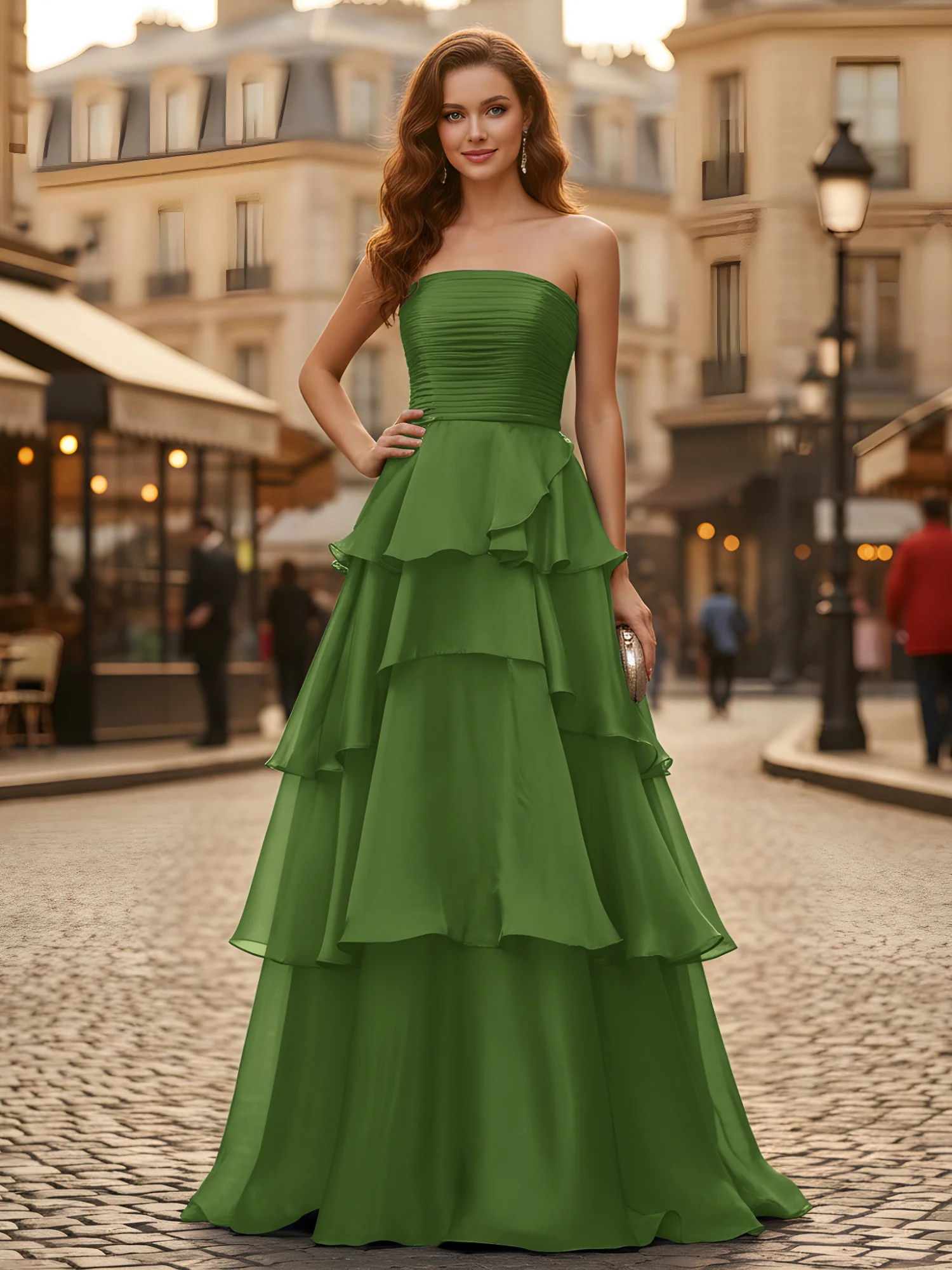 A-line Pleated Strapless Tiered Long Dress Moss