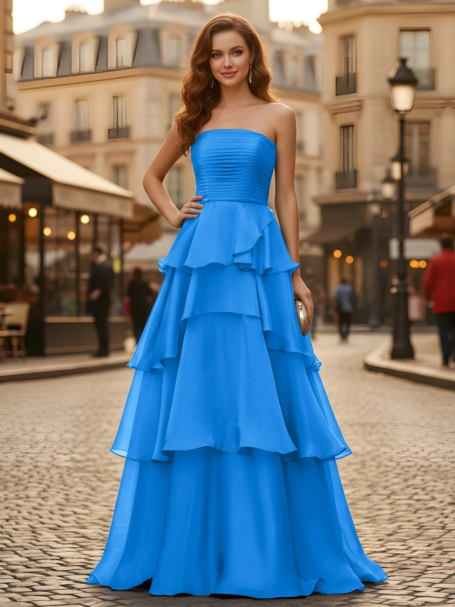 A-line Pleated Strapless Tiered Long Dress Ocean Blue