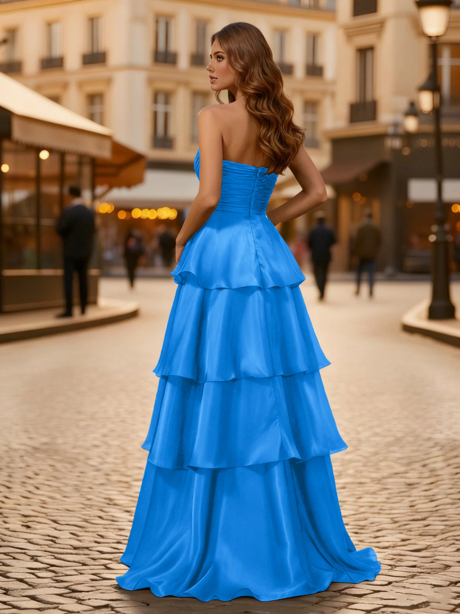 A-line Pleated Strapless Tiered Long Dress Ocean Blue - Image 2