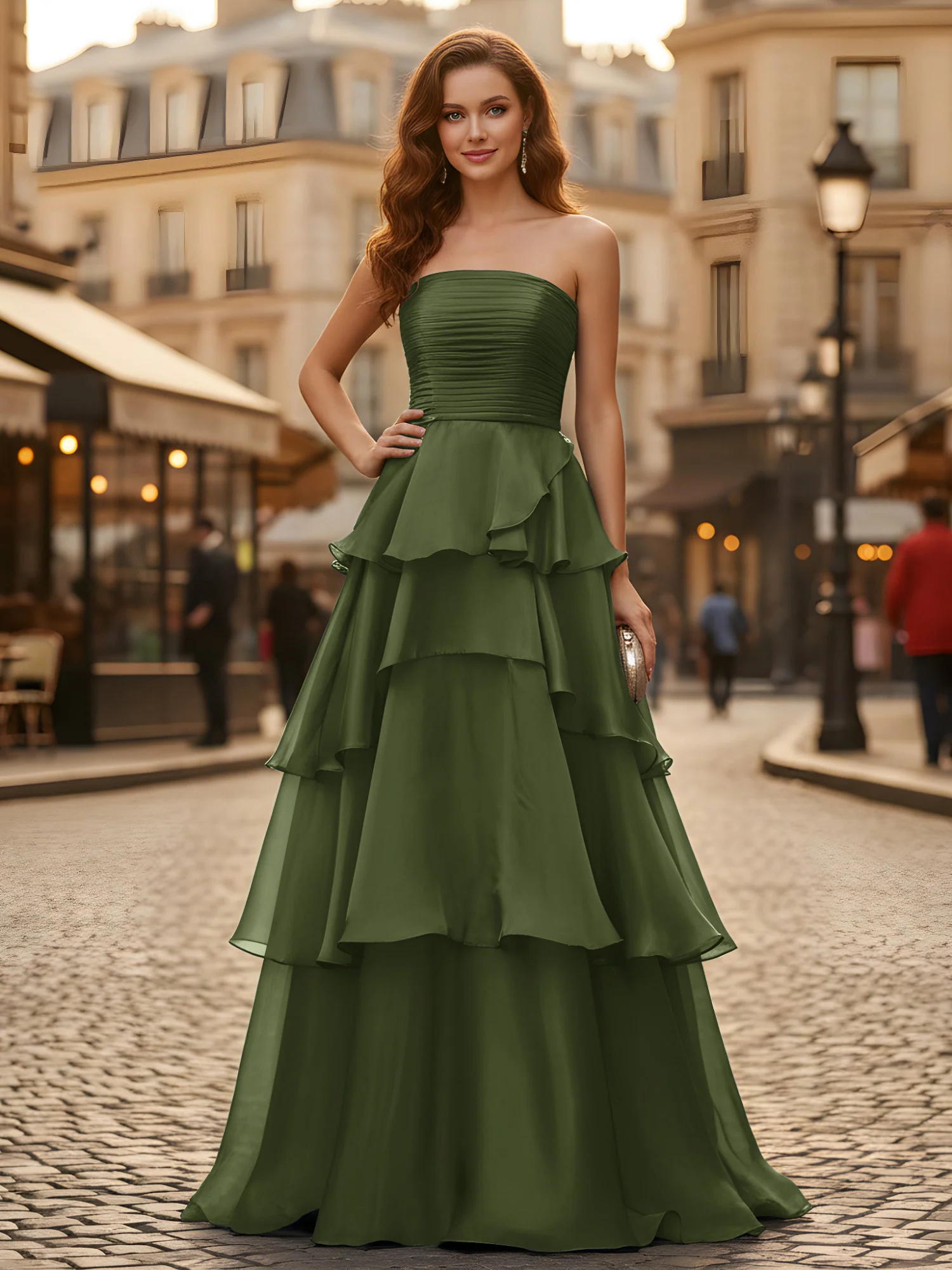 A-line Pleated Strapless Tiered Long Dress Olive Green