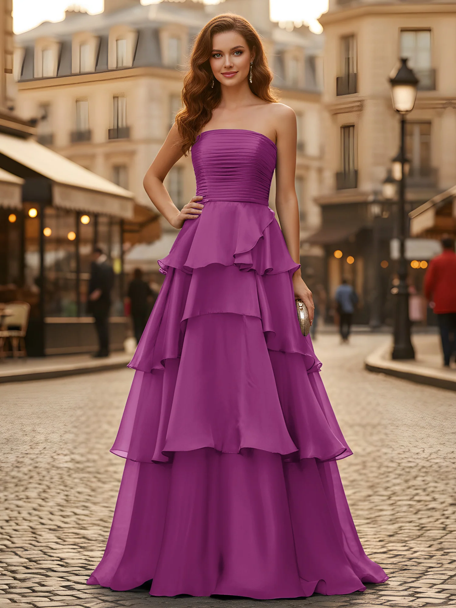 A-line Pleated Strapless Tiered Long Dress Orchid
