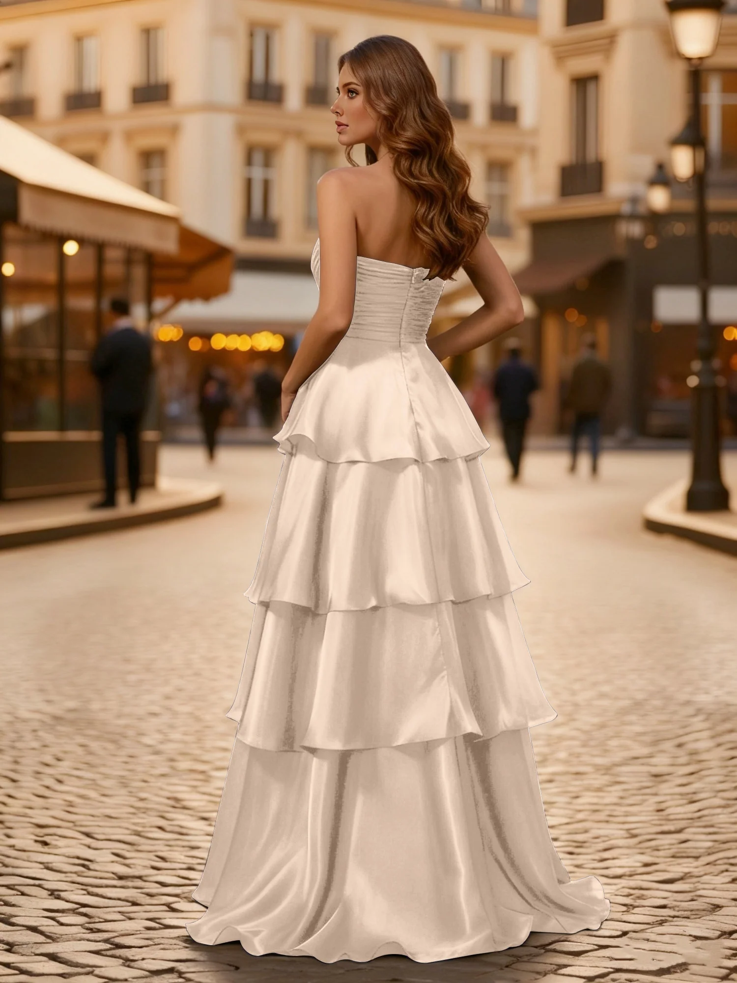 A-line Pleated Strapless Tiered Long Dress Peach - Image 2