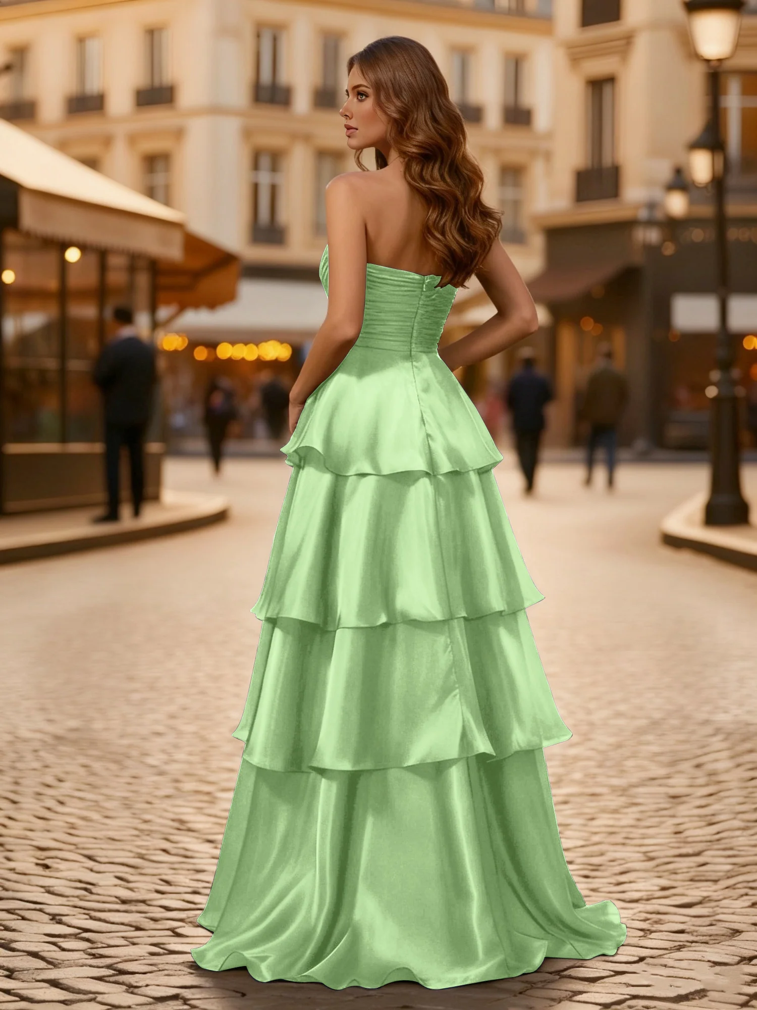 A-line Pleated Strapless Tiered Long Dress Sage - Image 2