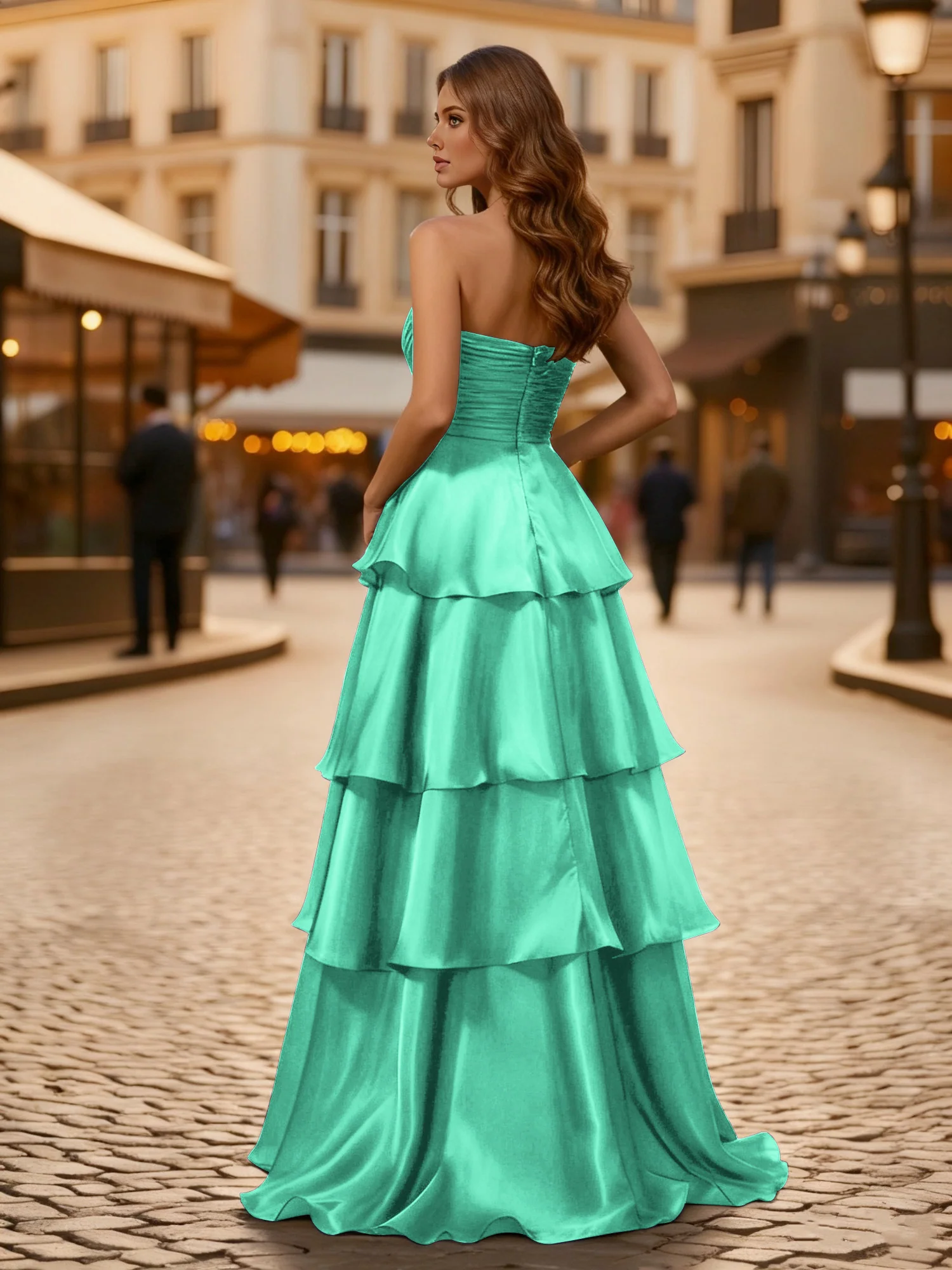 A-line Pleated Strapless Tiered Long Dress Turquoise - Image 2