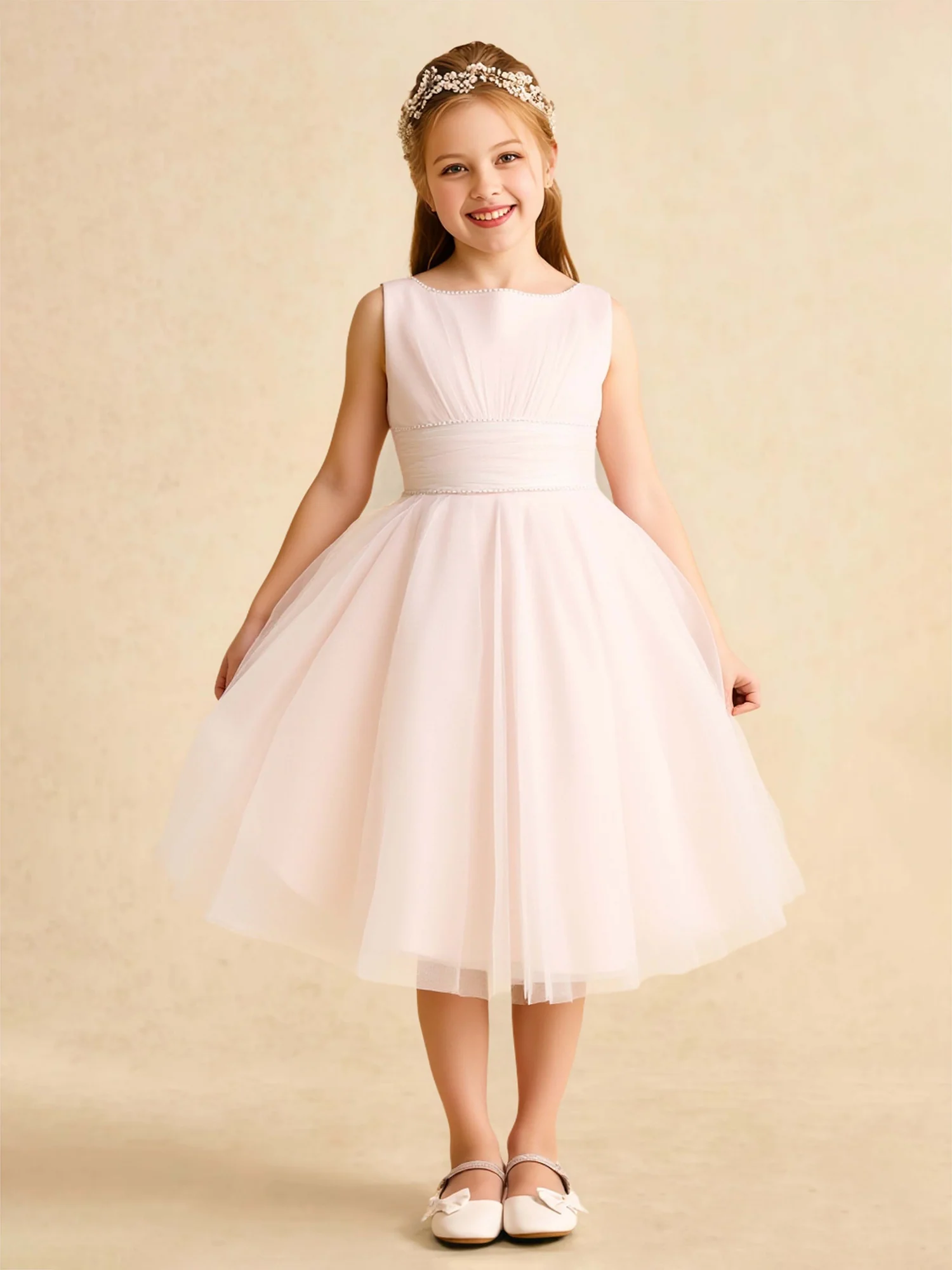 A-Line Pleated Tulle Flower Girl Dress With Bow Pearl Pink