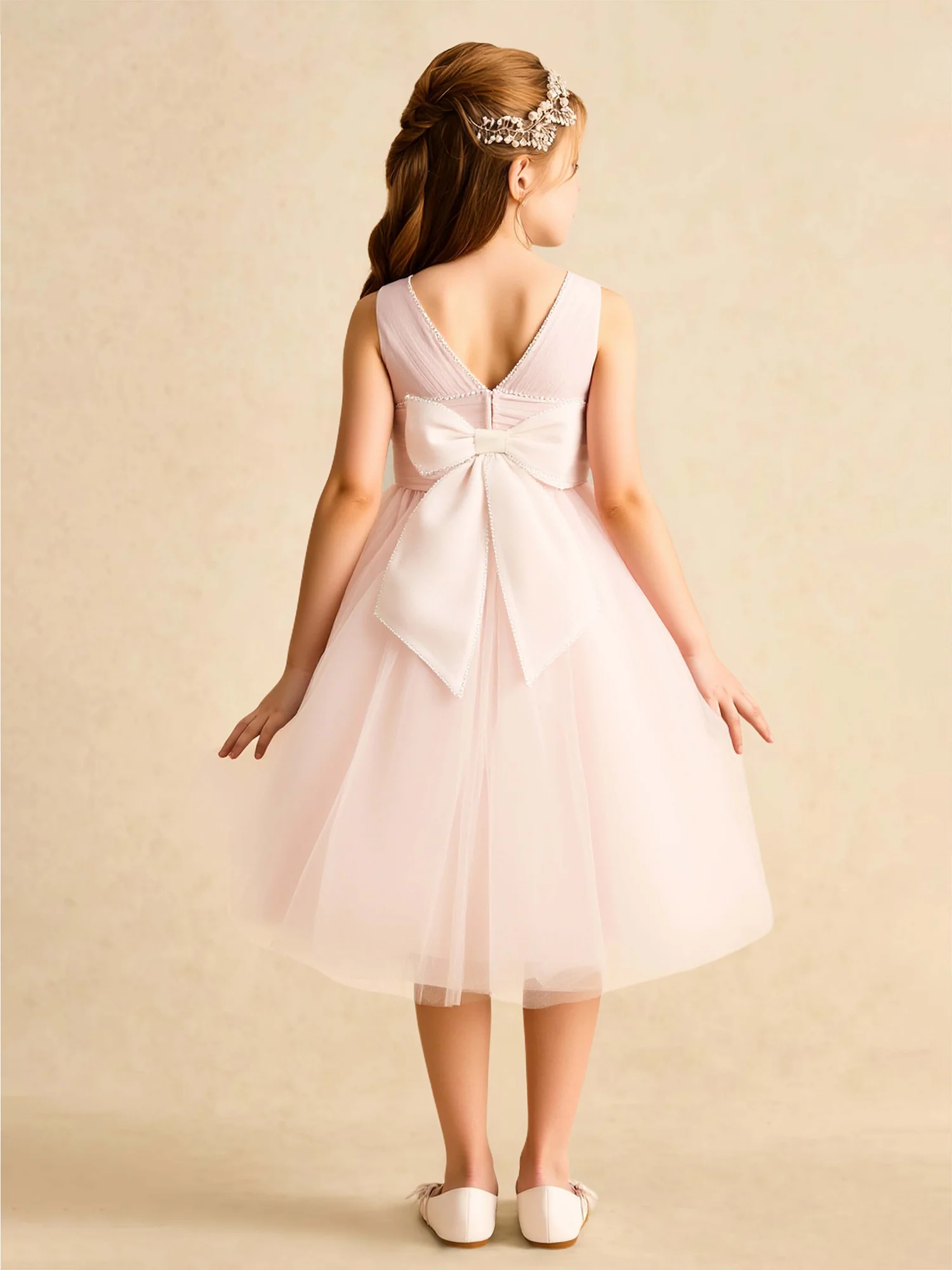 A-Line Pleated Tulle Flower Girl Dress With Bow Pearl Pink - Image 2