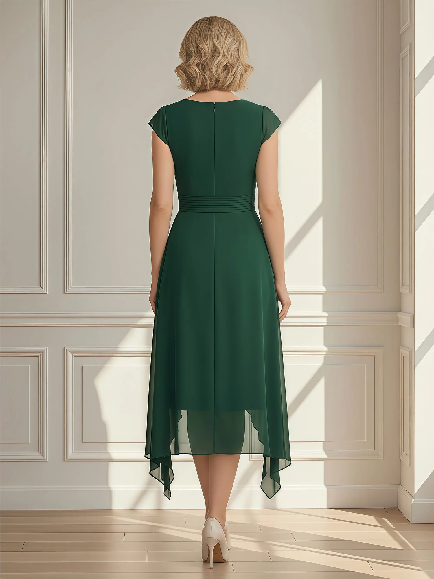 A-Line Pleated V-neck Chiffon Asymmetrical Dress Gold - Image 2