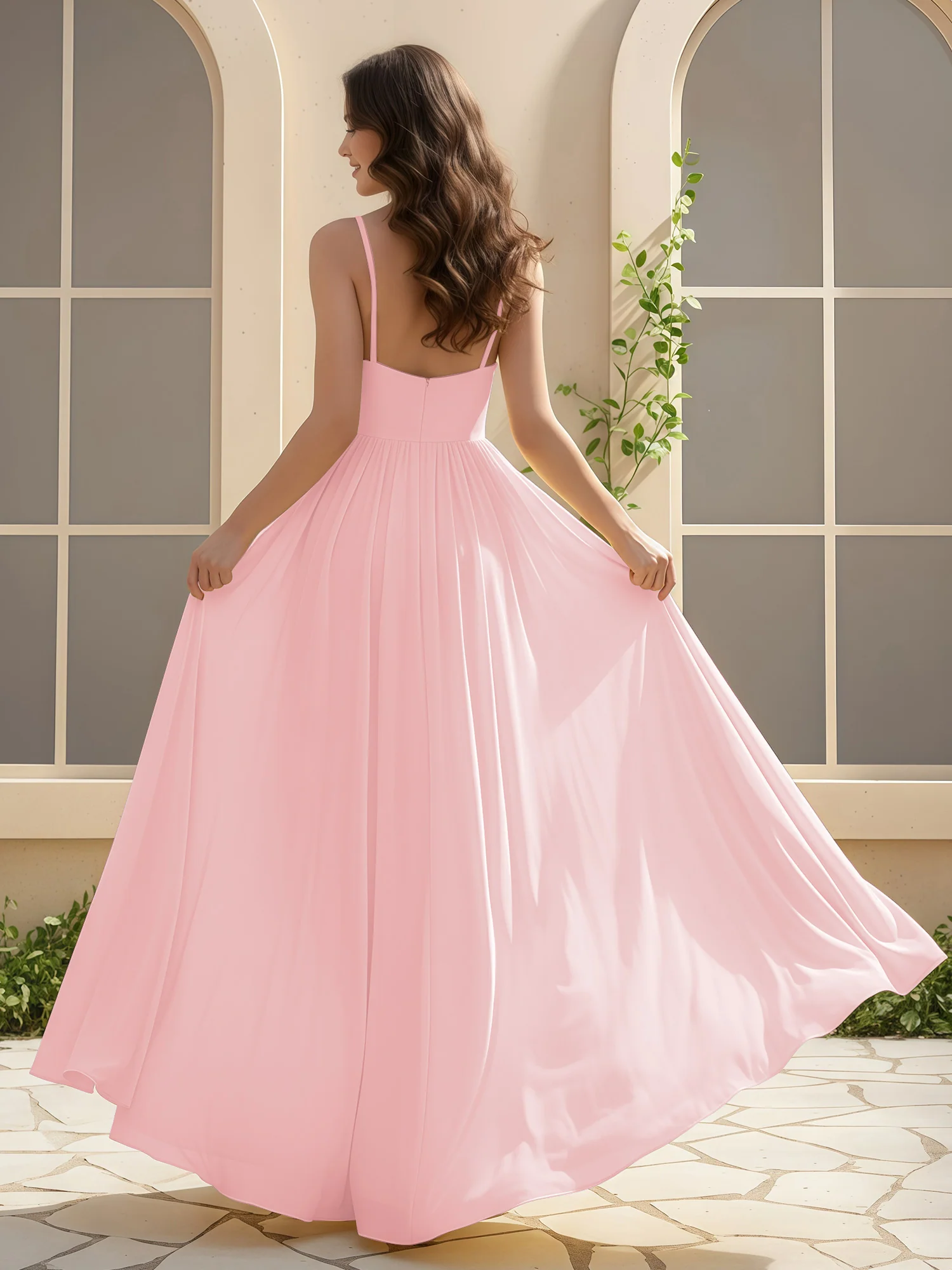 A-Line Pleated V-neck Long Dress With Slit Blushing Pink - Image 2