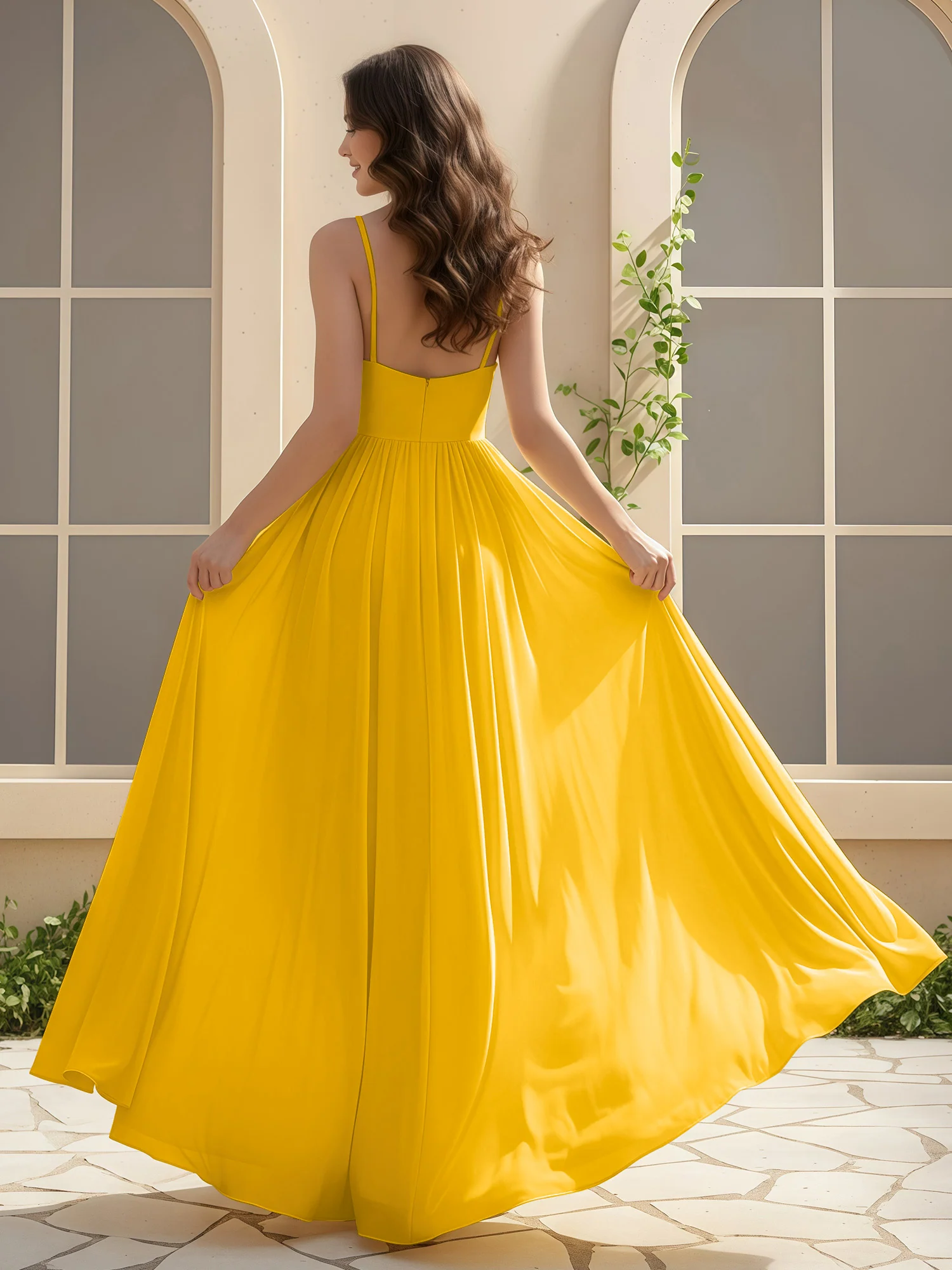 A-Line Pleated V-neck Long Dress With Slit Marigold - Image 2