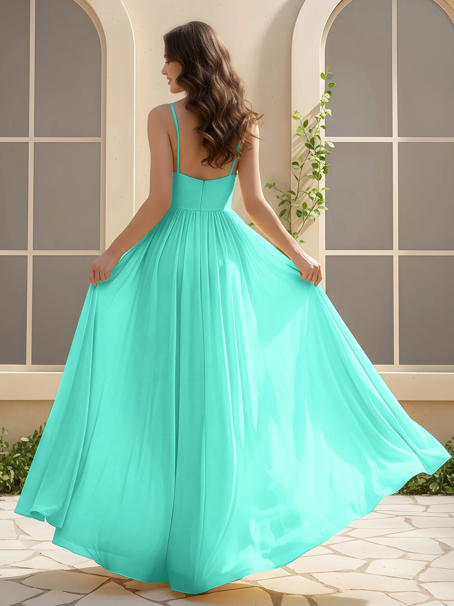 A-Line Pleated V-neck Long Dress With Slit Spa - Image 2