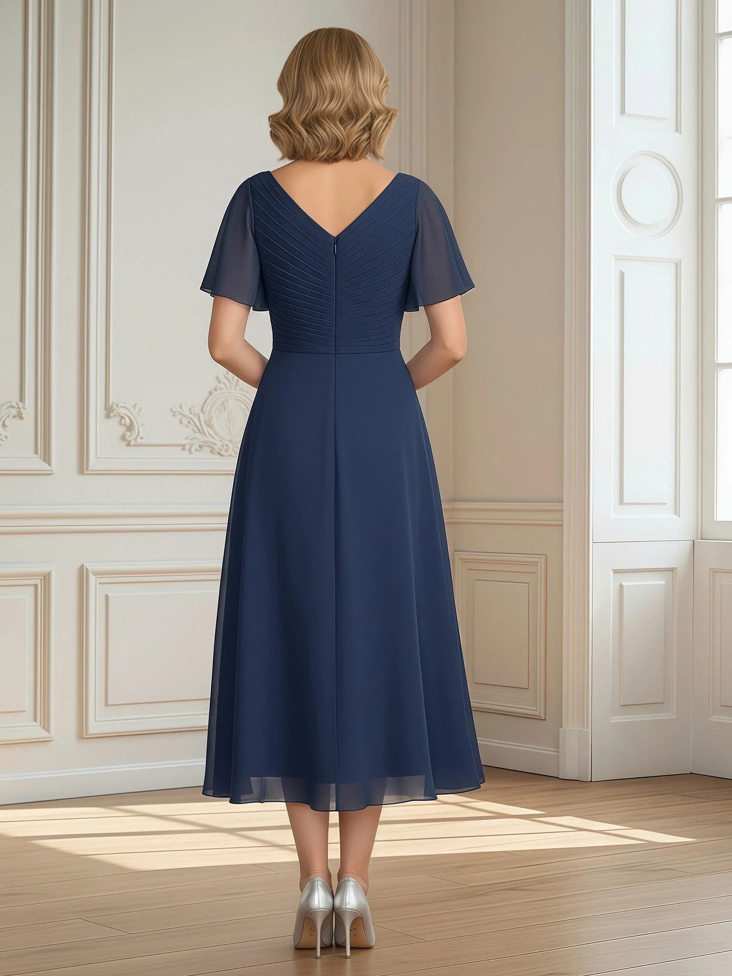 A-Line Pleated V-neck Ruffles Chiffon Tea-Length Dress Dusty Sage - Image 2