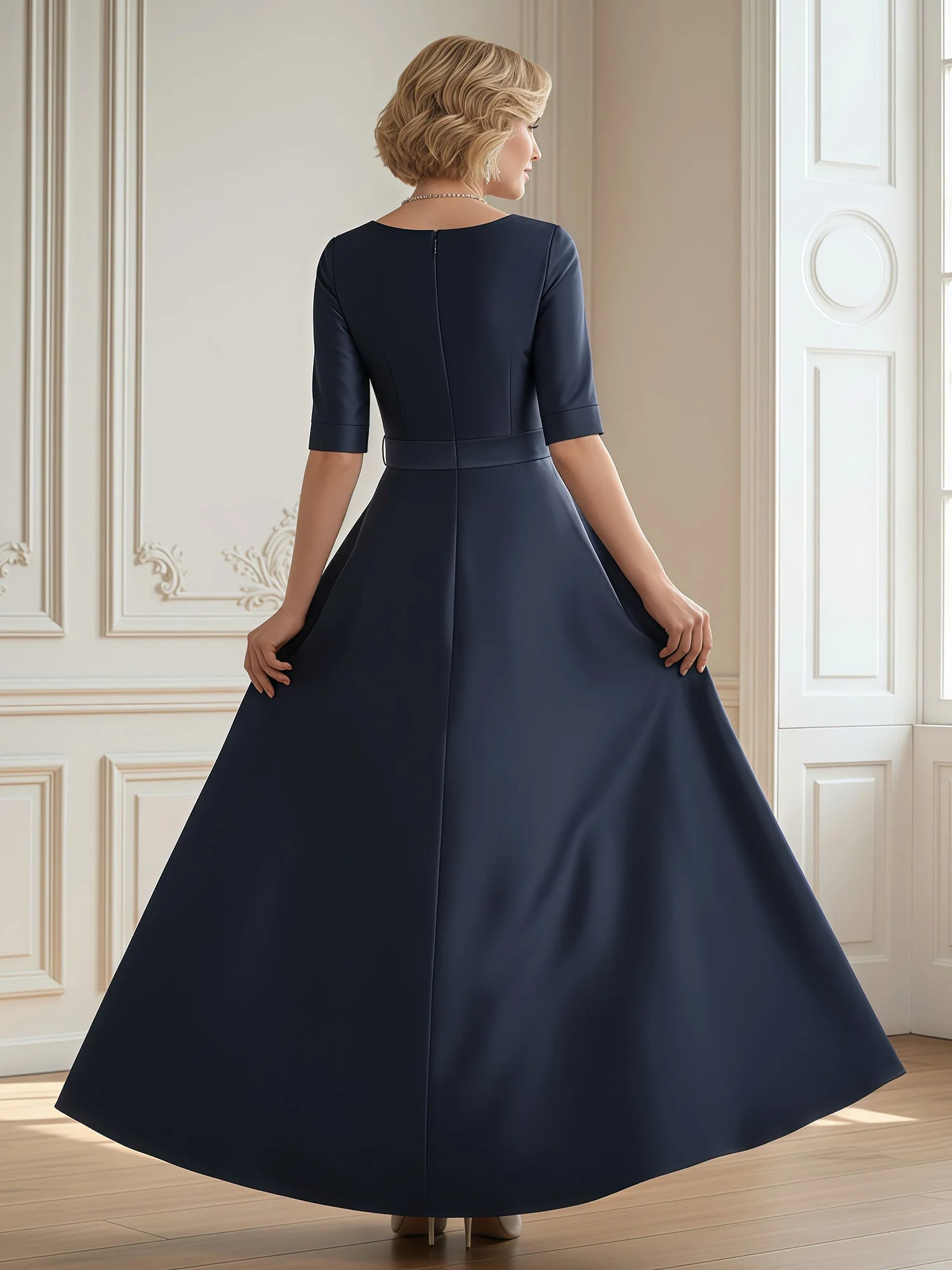 A-Line Scoop Half Sleeve Long Dress With Bow Dusty Blue - Image 2
