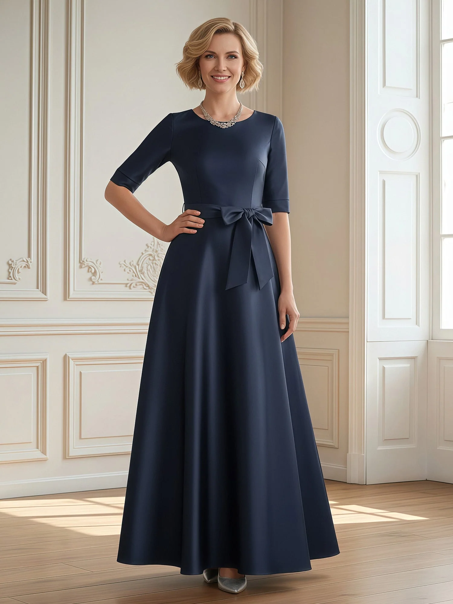 A-Line Scoop Half Sleeve Long Dress With Bow Slate Blue
