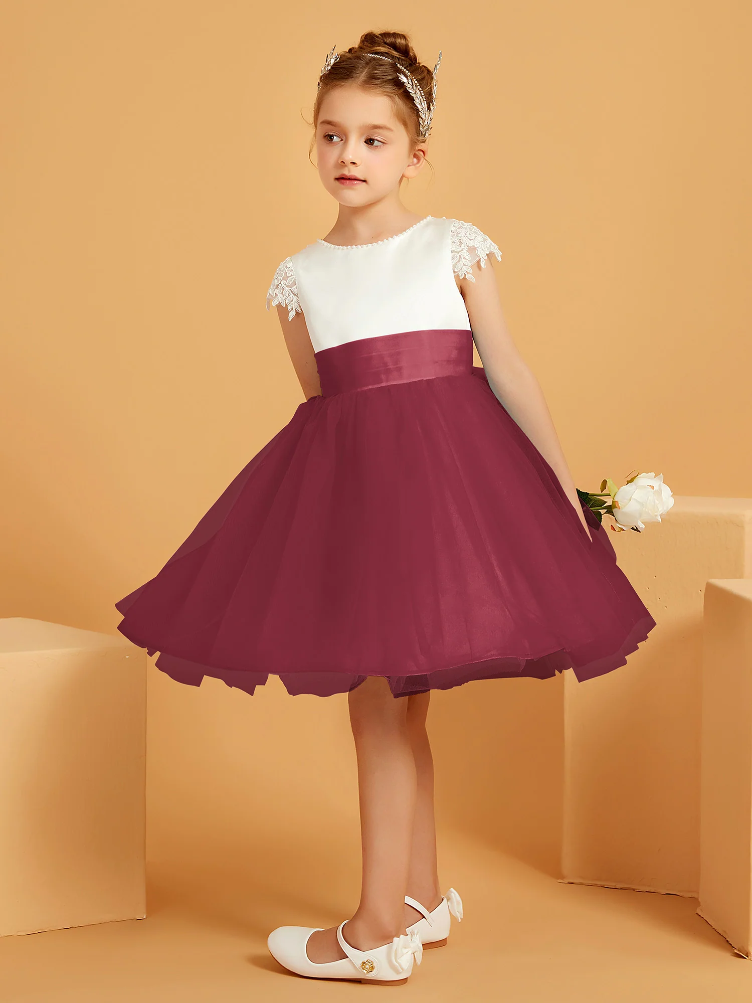 A-line Scoop Knee-Length Satin/Tulle Flower Girl Dress Cinnamon Rose
