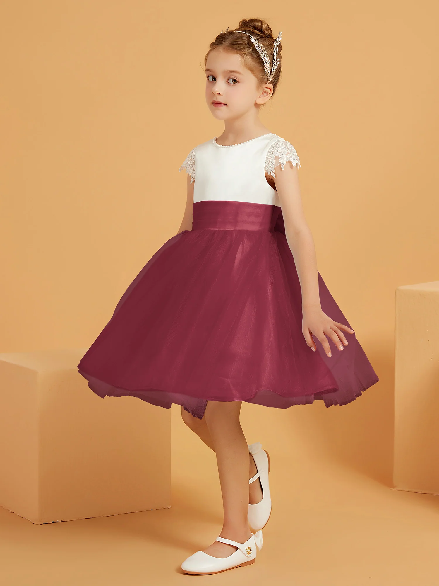 A-line Scoop Knee-Length Satin/Tulle Flower Girl Dress Cinnamon Rose - Image 3