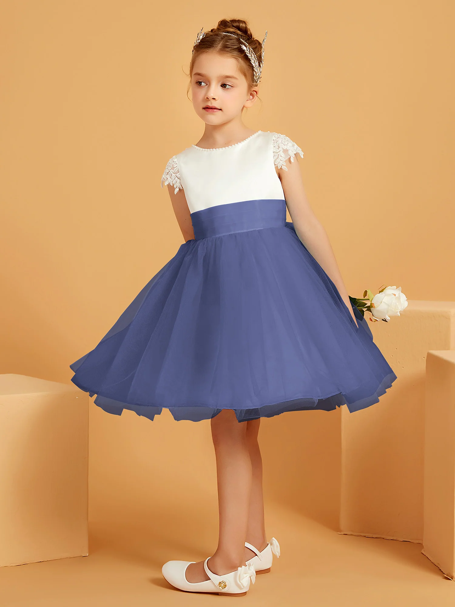 A-line Scoop Knee-Length Satin/Tulle Flower Girl Dress Periwinkle