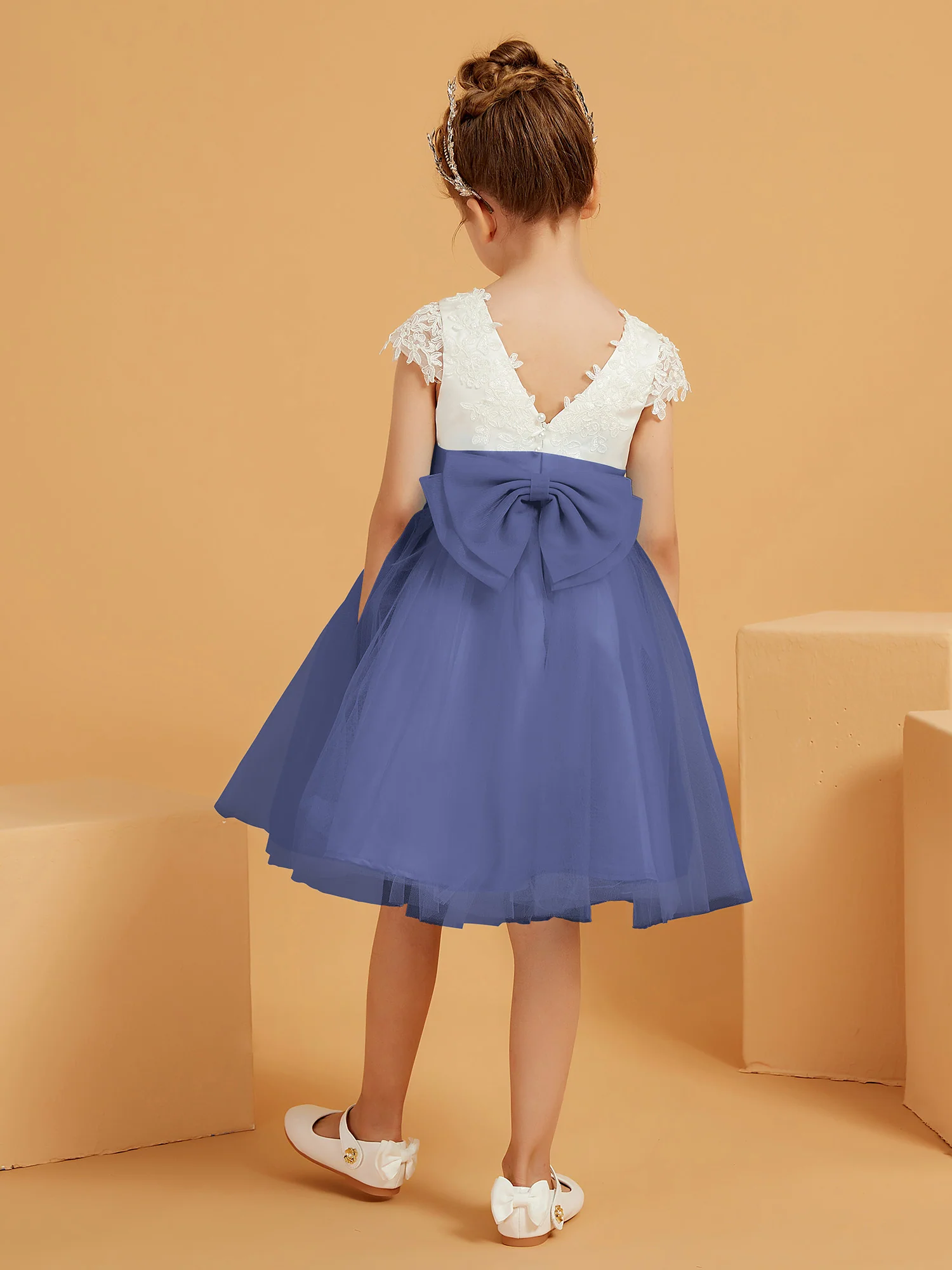 A-line Scoop Knee-Length Satin/Tulle Flower Girl Dress Periwinkle - Image 2