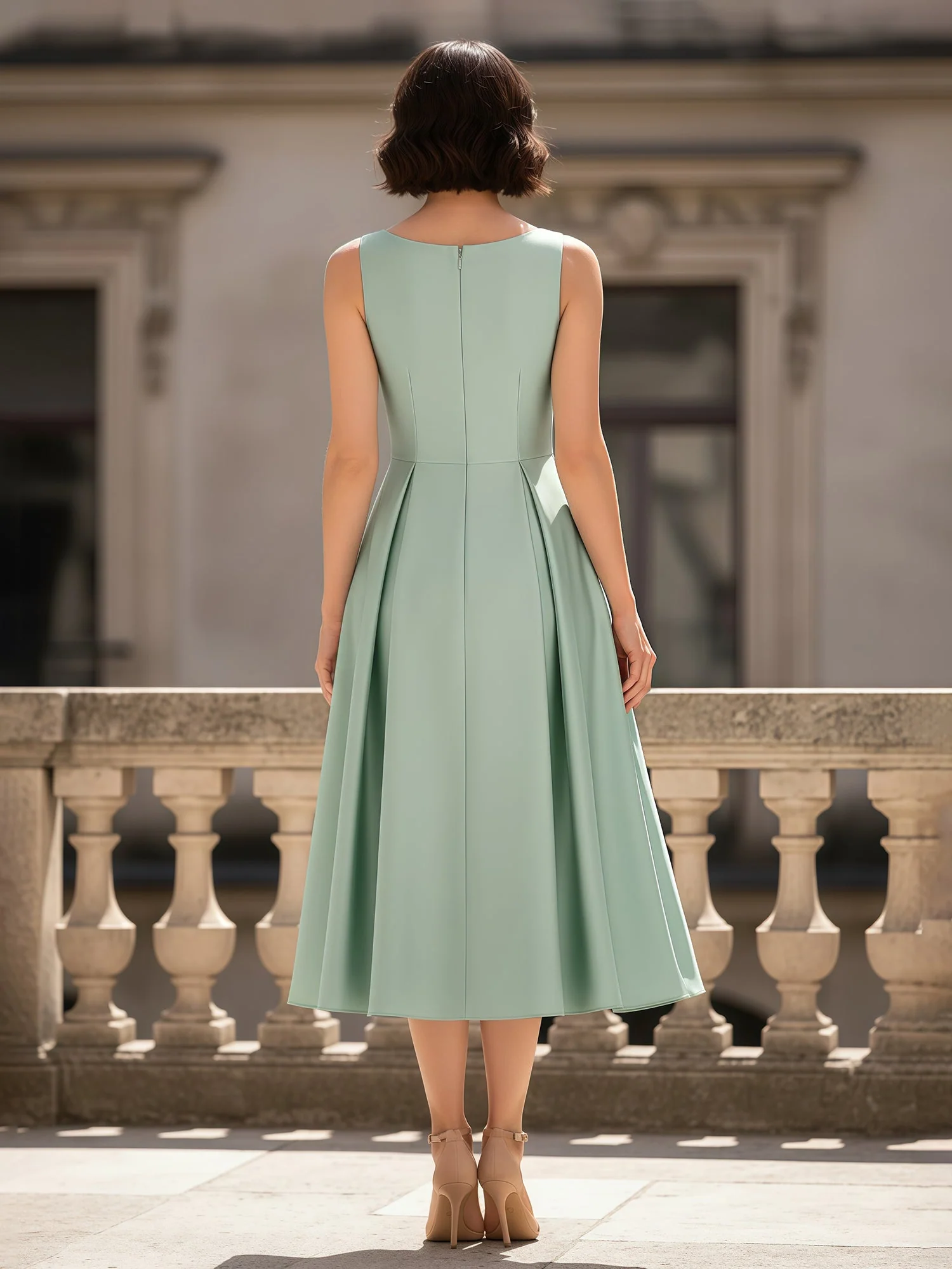 A-Line Scoop Neck Ruched Tea-Length Satin Dress Champagne - Image 2
