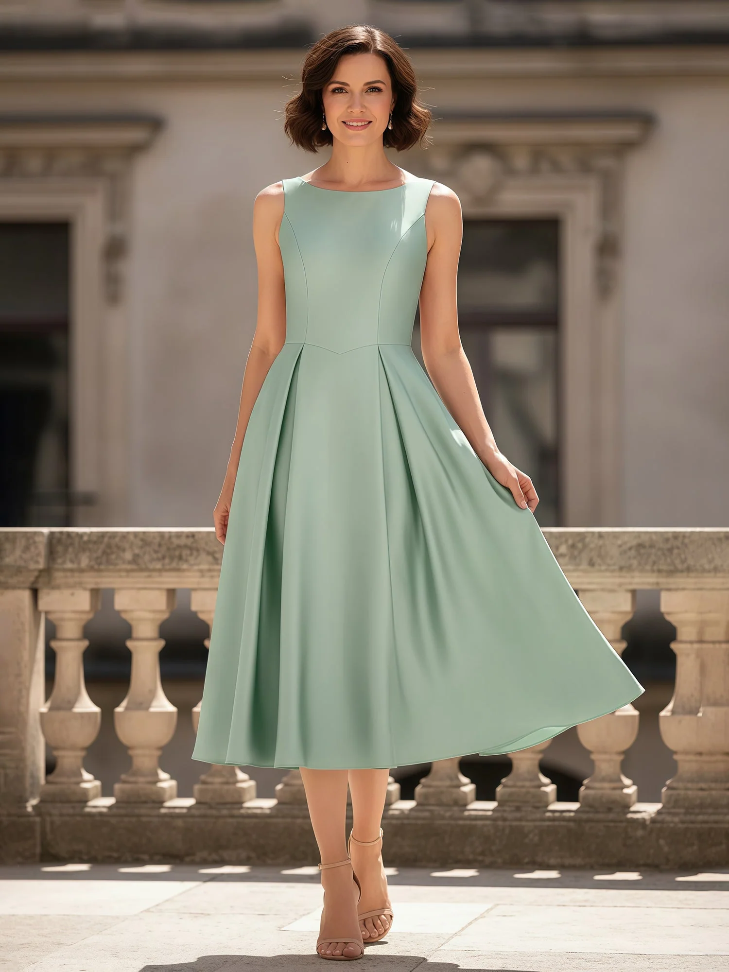 A-Line Scoop Neck Ruched Tea-Length Satin Dress White