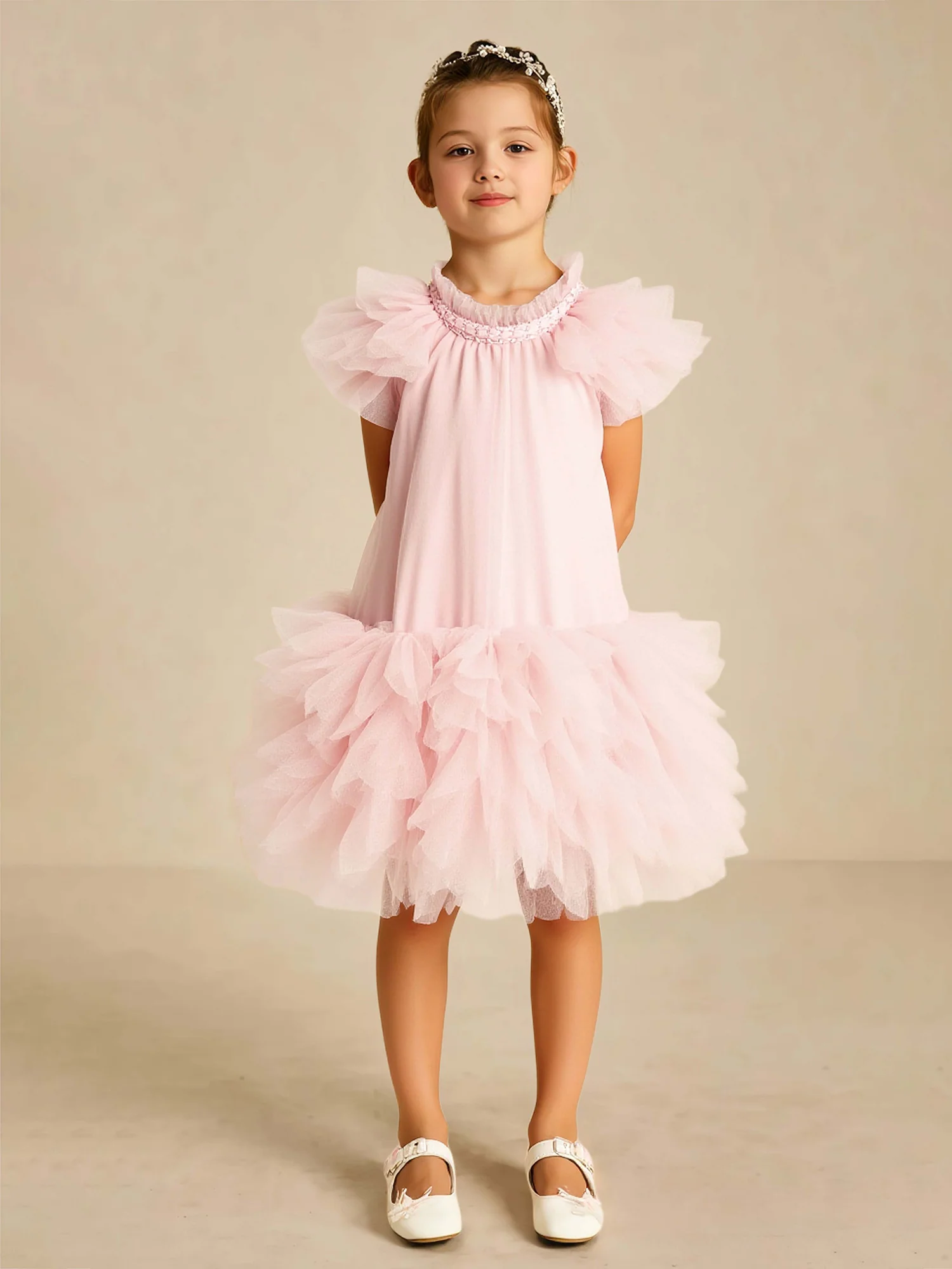 A-Line Scoop Neck Ruffle Tulle Flower Girl Dress Blushing Pink