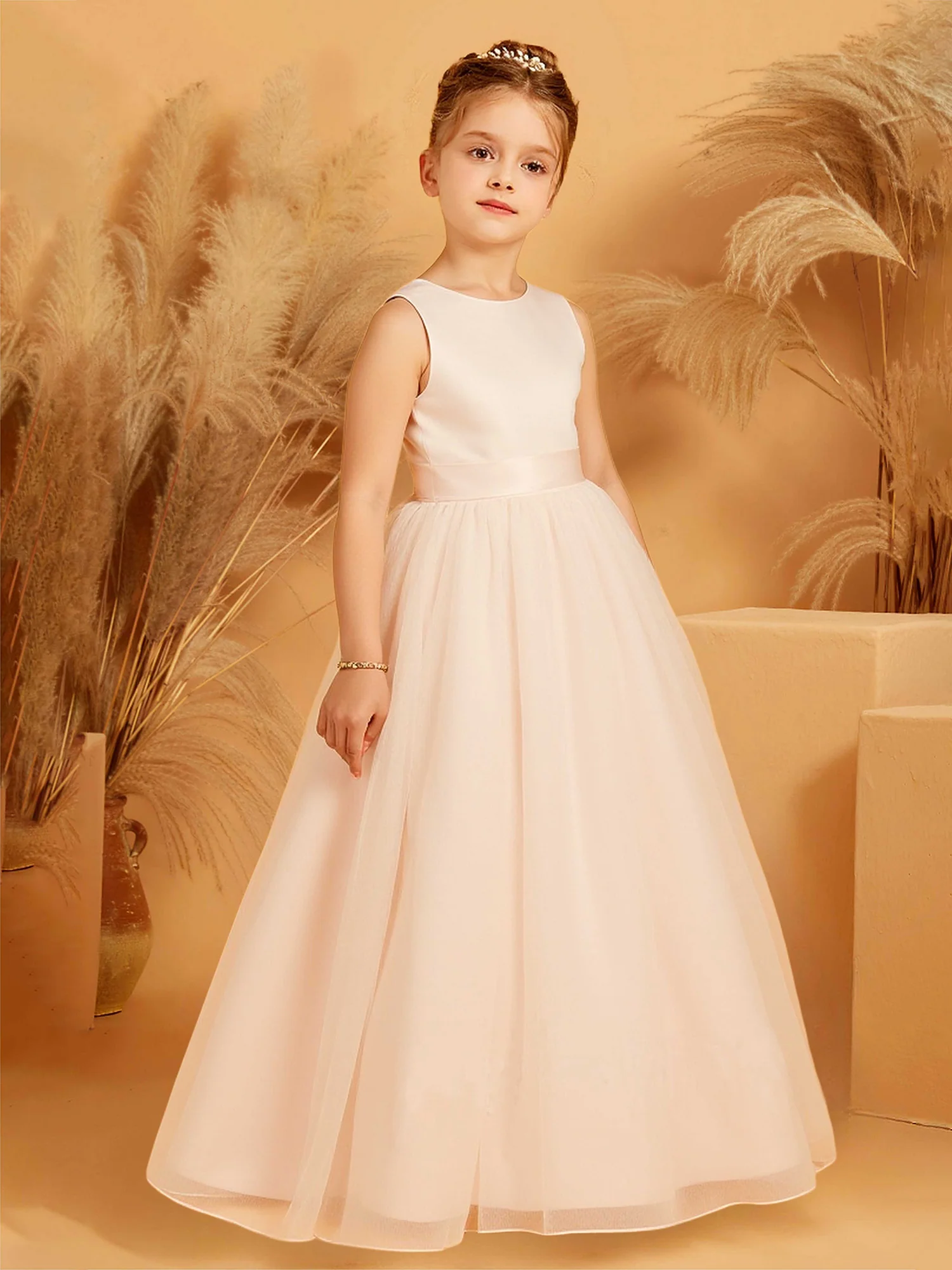 A-Line Scoop Neck Satin Tulle Flower Girl Dress With Bow Pearl Pink