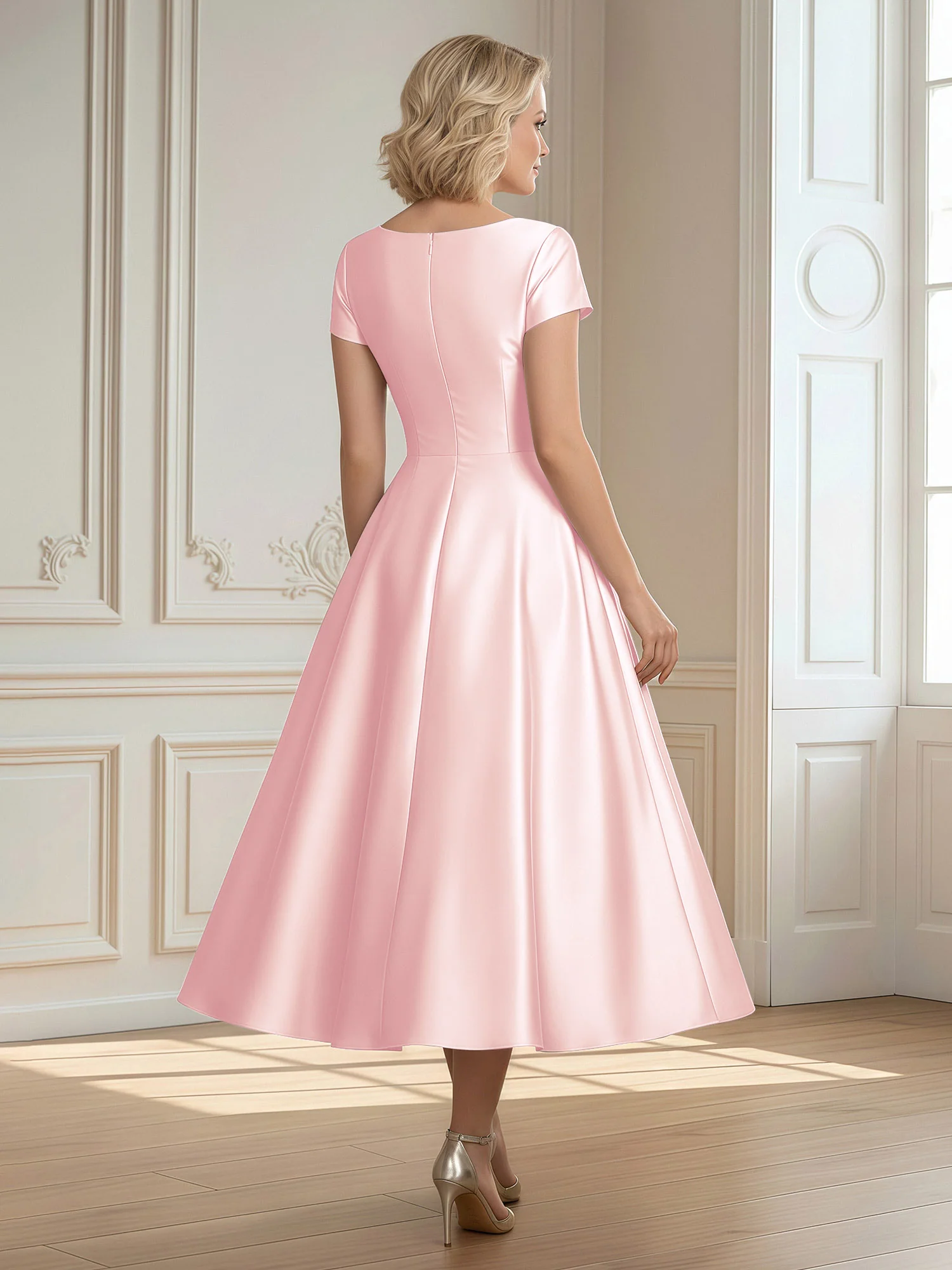 A-Line Scoop Satin Tea-Length Dress With Pleated Blushing Pink - Image 2