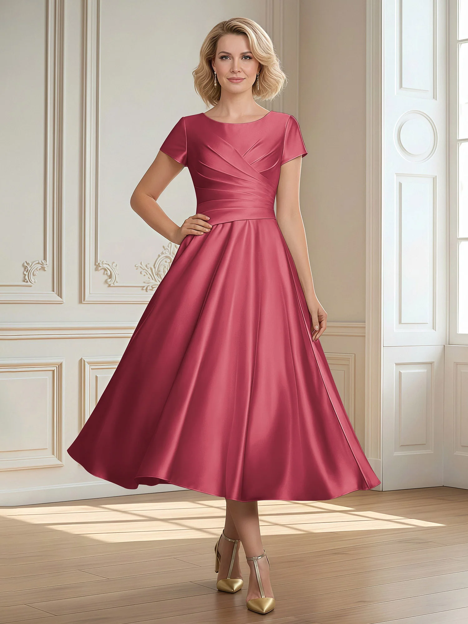 A-Line Scoop Satin Tea-Length Dress With Pleated Cinnamon Rose