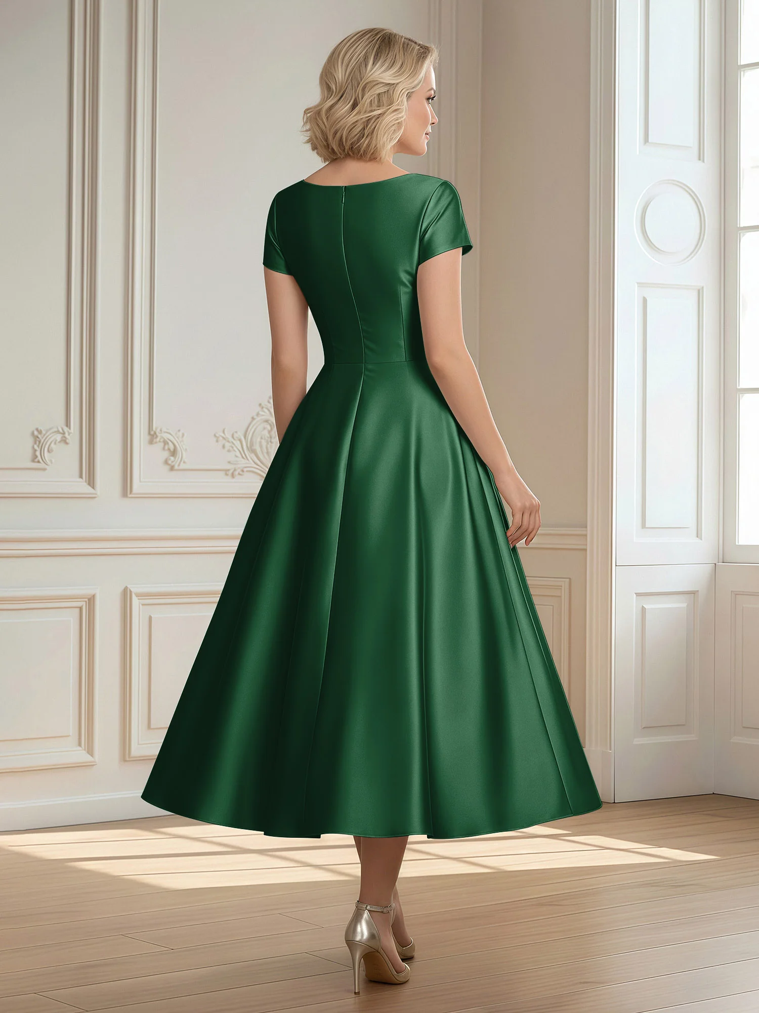 A-Line Scoop Satin Tea-Length Dress With Pleated Dark Green - Image 2