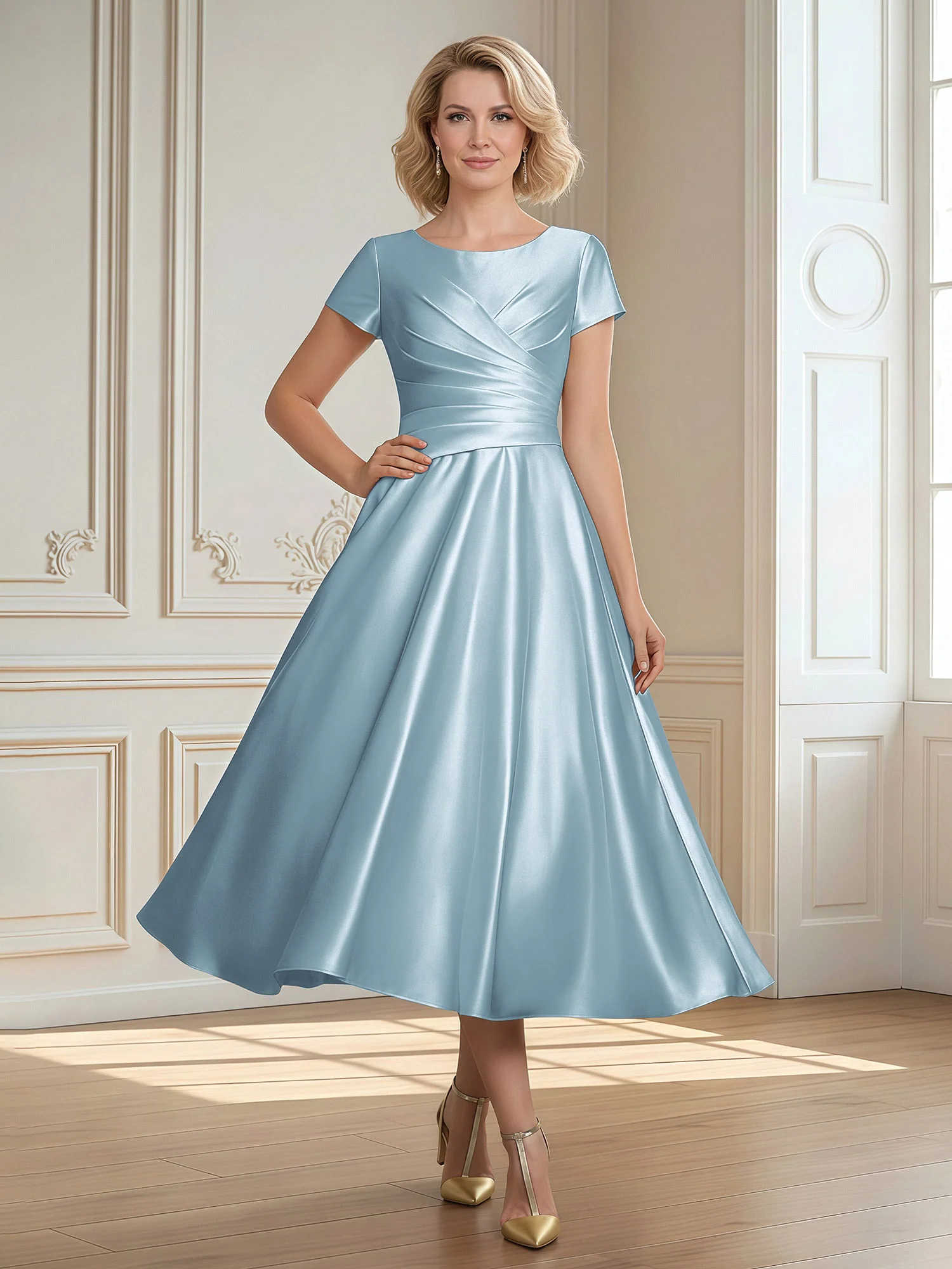 A-Line Scoop Satin Tea-Length Dress With Pleated Dusty Blue