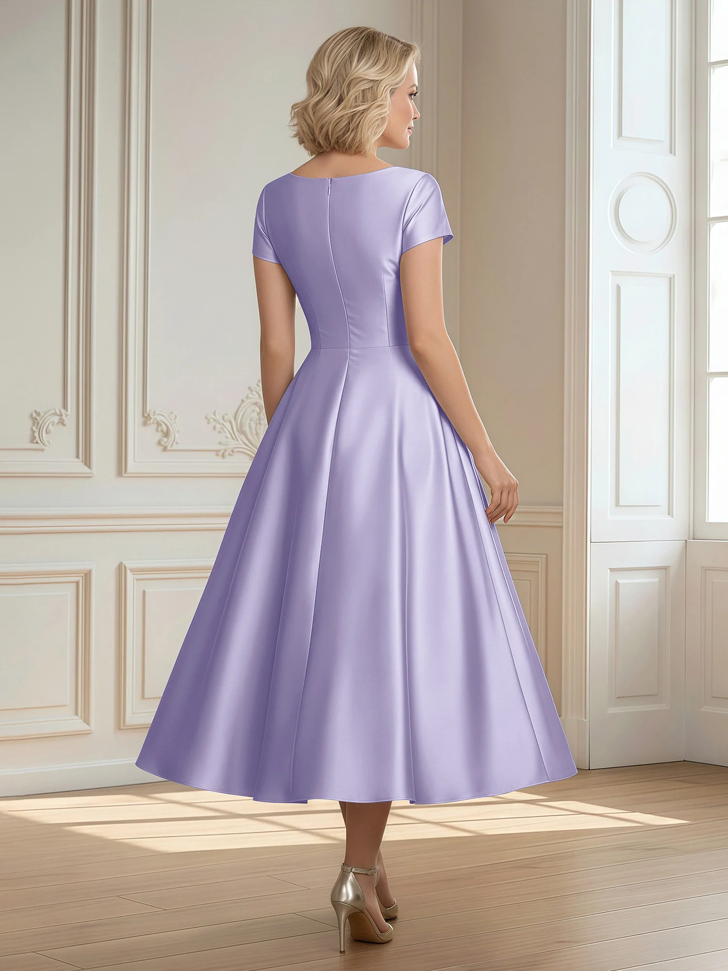 A-Line Scoop Satin Tea-Length Dress With Pleated Lavender - Image 2