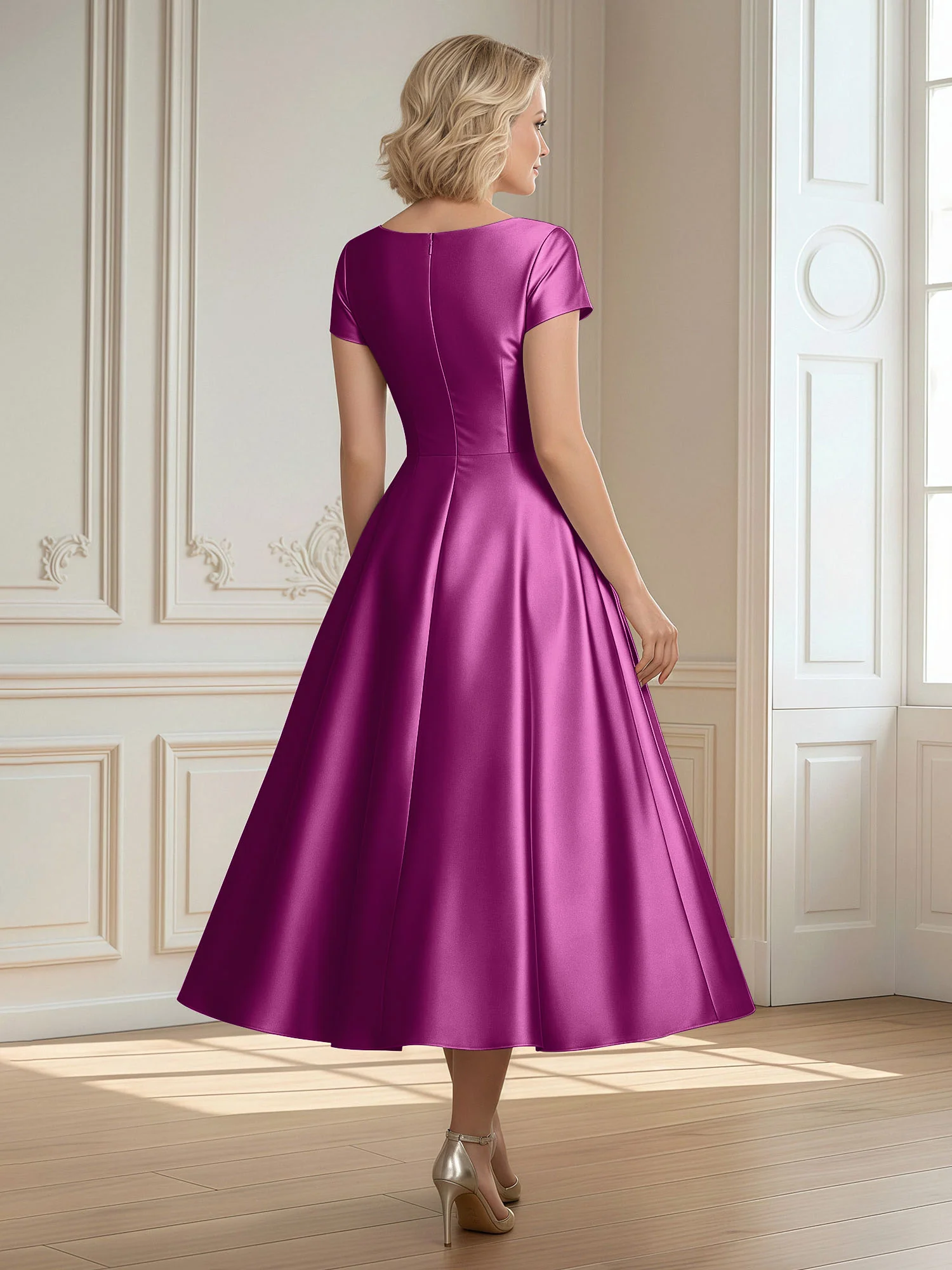 A-Line Scoop Satin Tea-Length Dress With Pleated Orchid - Image 2