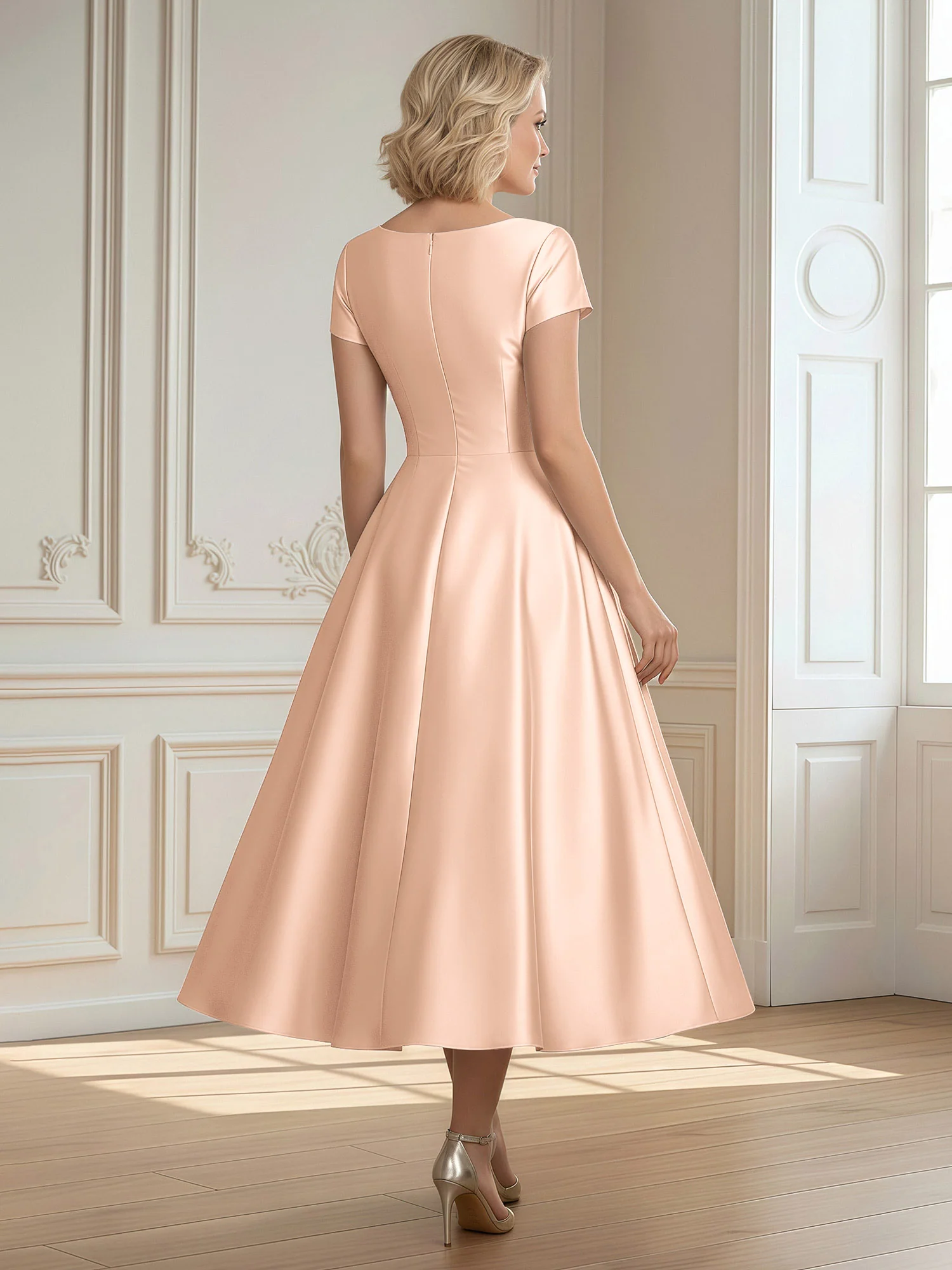 A-Line Scoop Satin Tea-Length Dress With Pleated Peach - Image 2