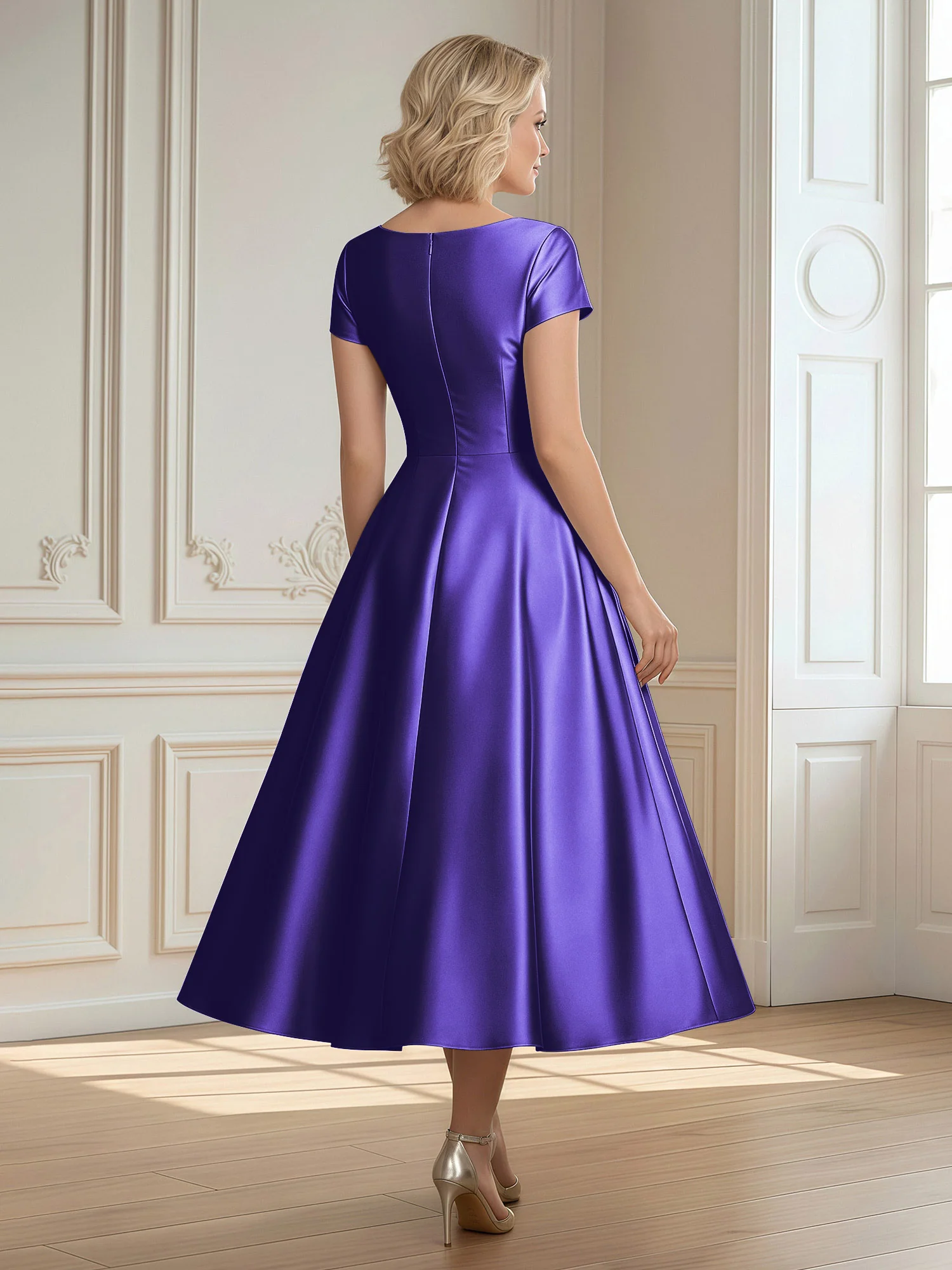 A-Line Scoop Satin Tea-Length Dress With Pleated Regency - Image 2