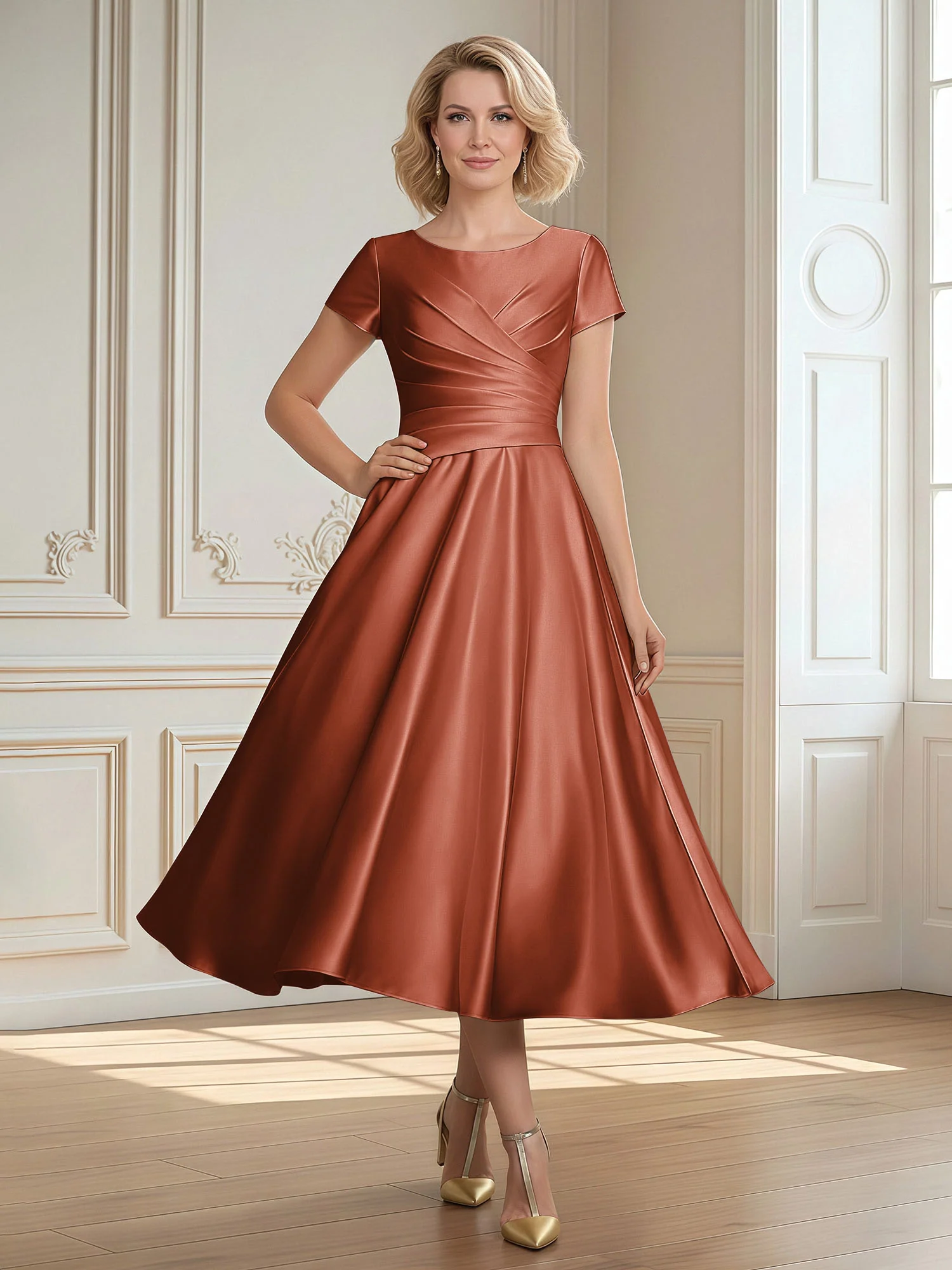 A-Line Scoop Satin Tea-Length Dress With Pleated Rust