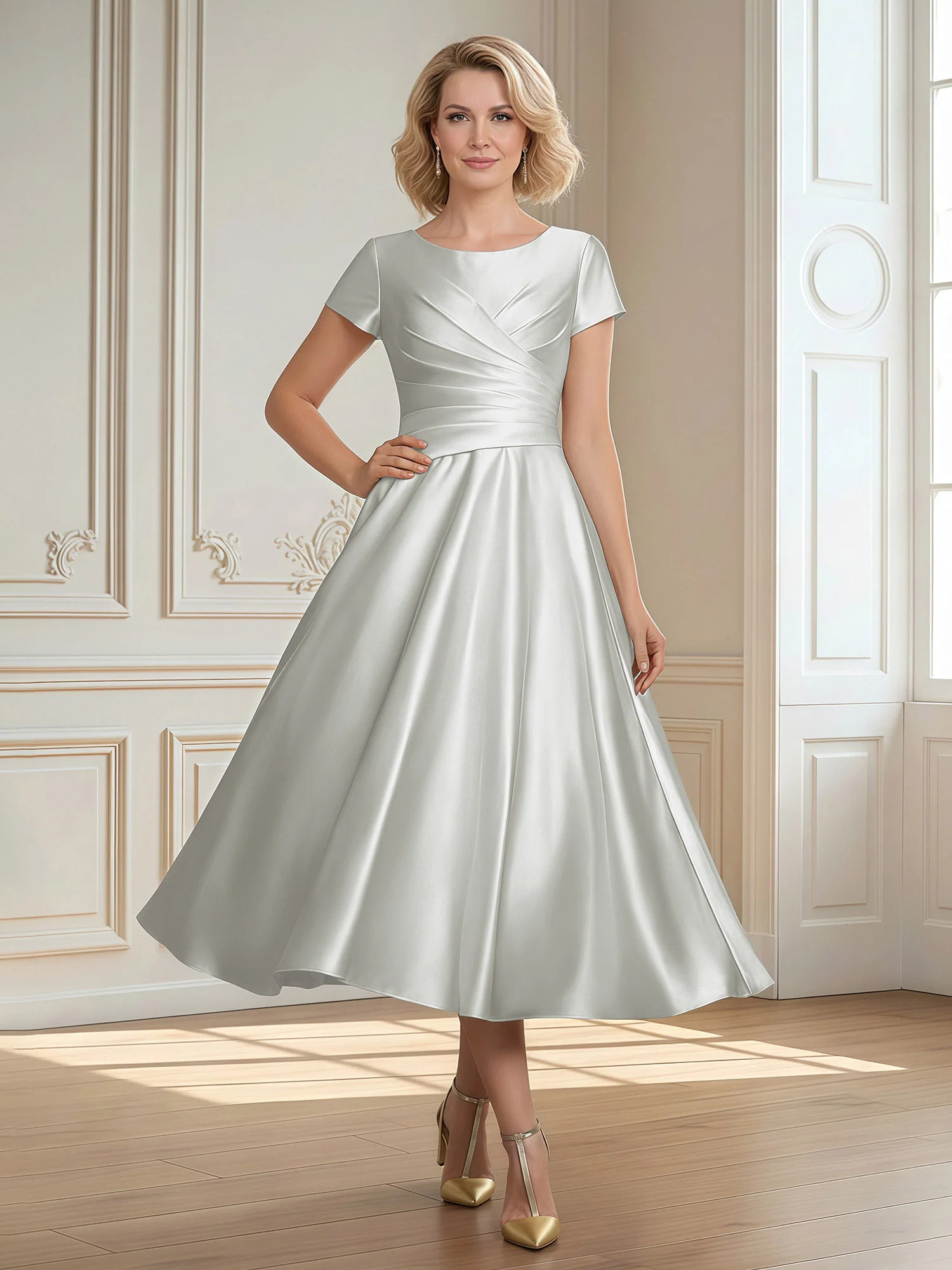 A-Line Scoop Satin Tea-Length Dress With Pleated Silver