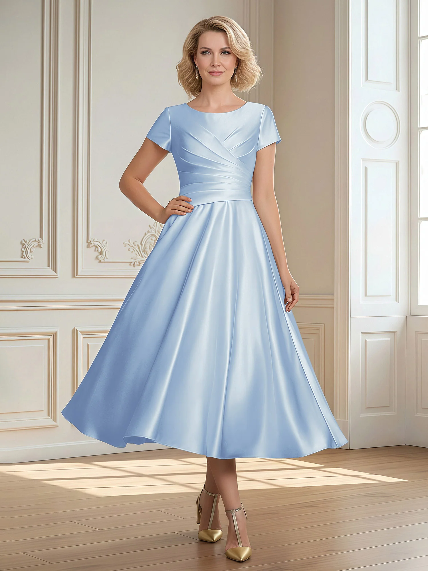A-Line Scoop Satin Tea-Length Dress With Pleated Sky Blue