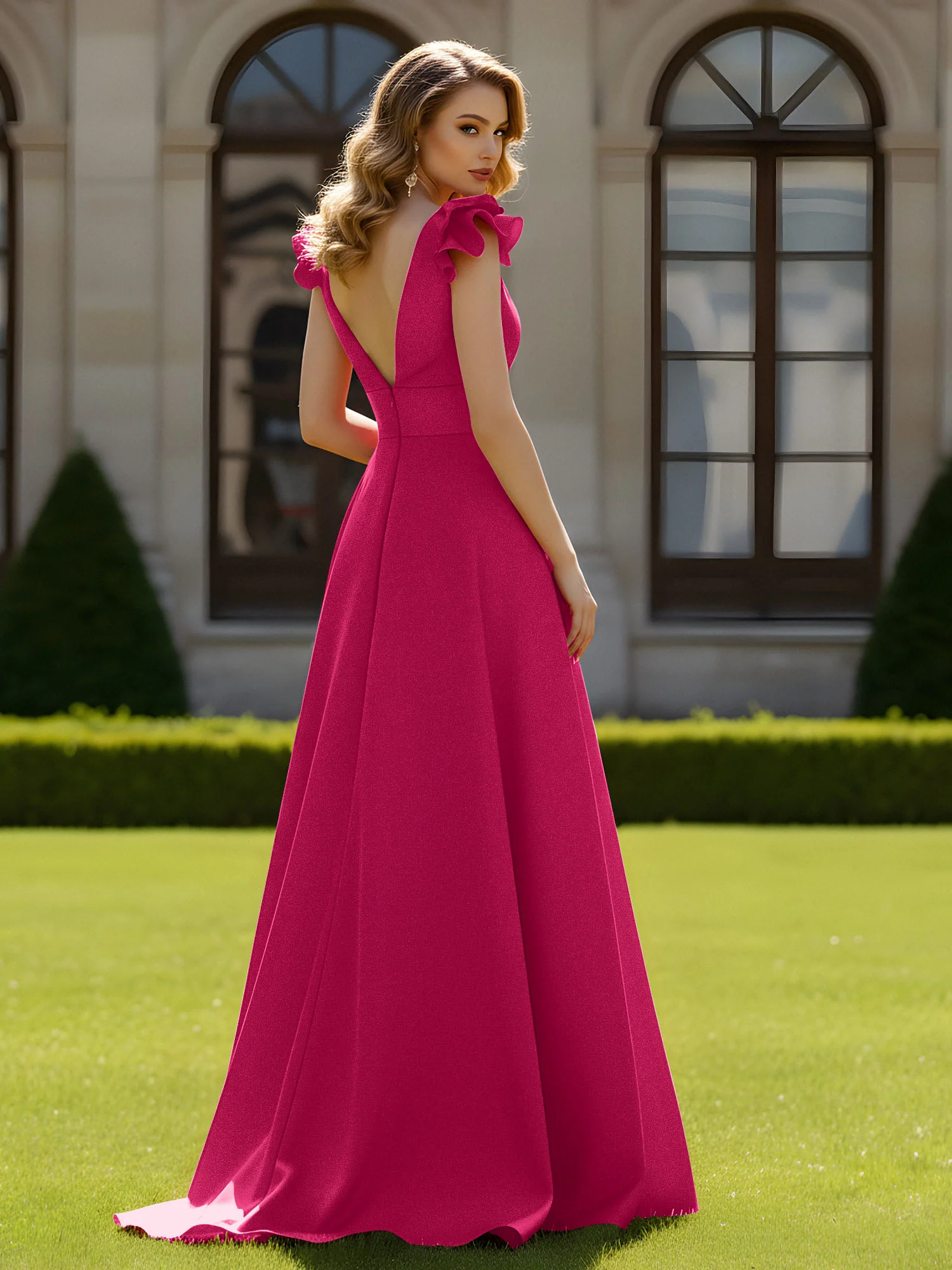 A-line Sculptural Shoulder Ruffle V-neck Long Dress Fuchsia - Image 2